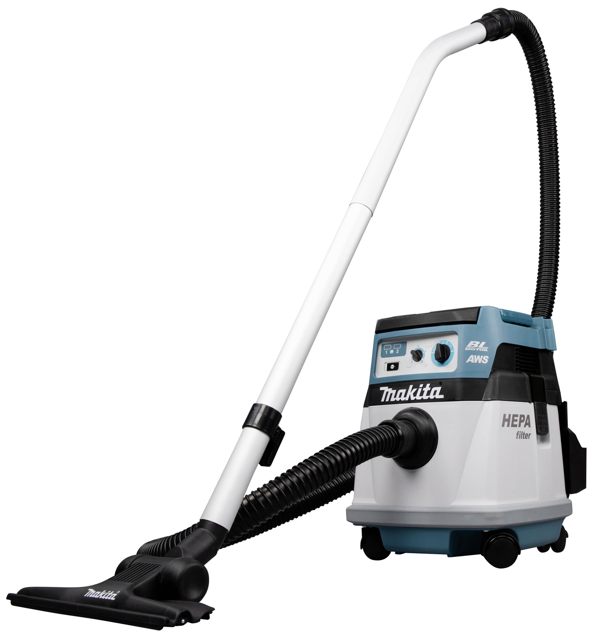 Makita Staubsauger mit HEPA-Filter und AWS-Technologie, weiß-blau, auf Rollen, mit langem Saugrohr und Bodendüse.