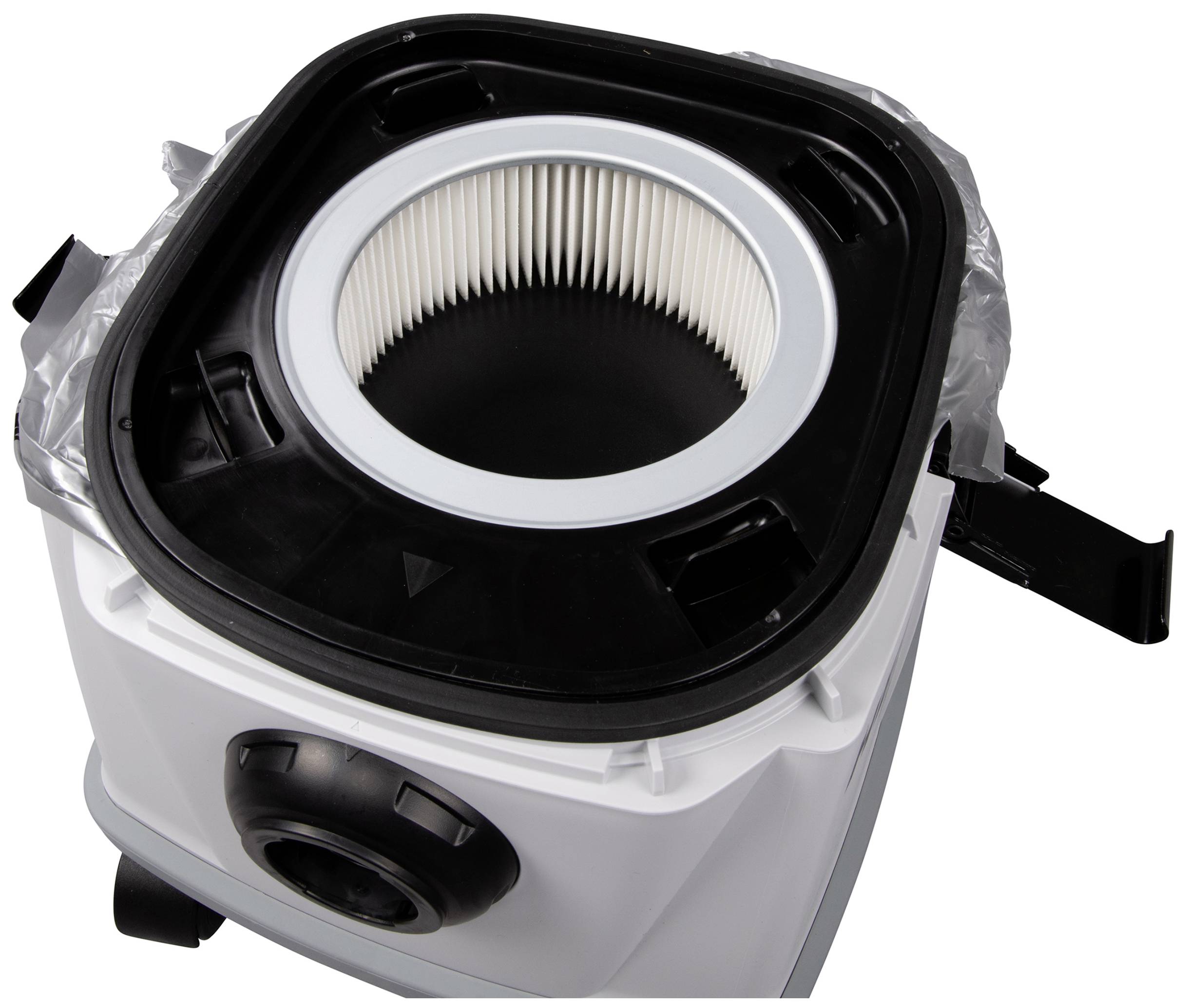 Ein Staubsauger mit offenem Deckel zeigt den herausnehmbaren Filtereinsatz.