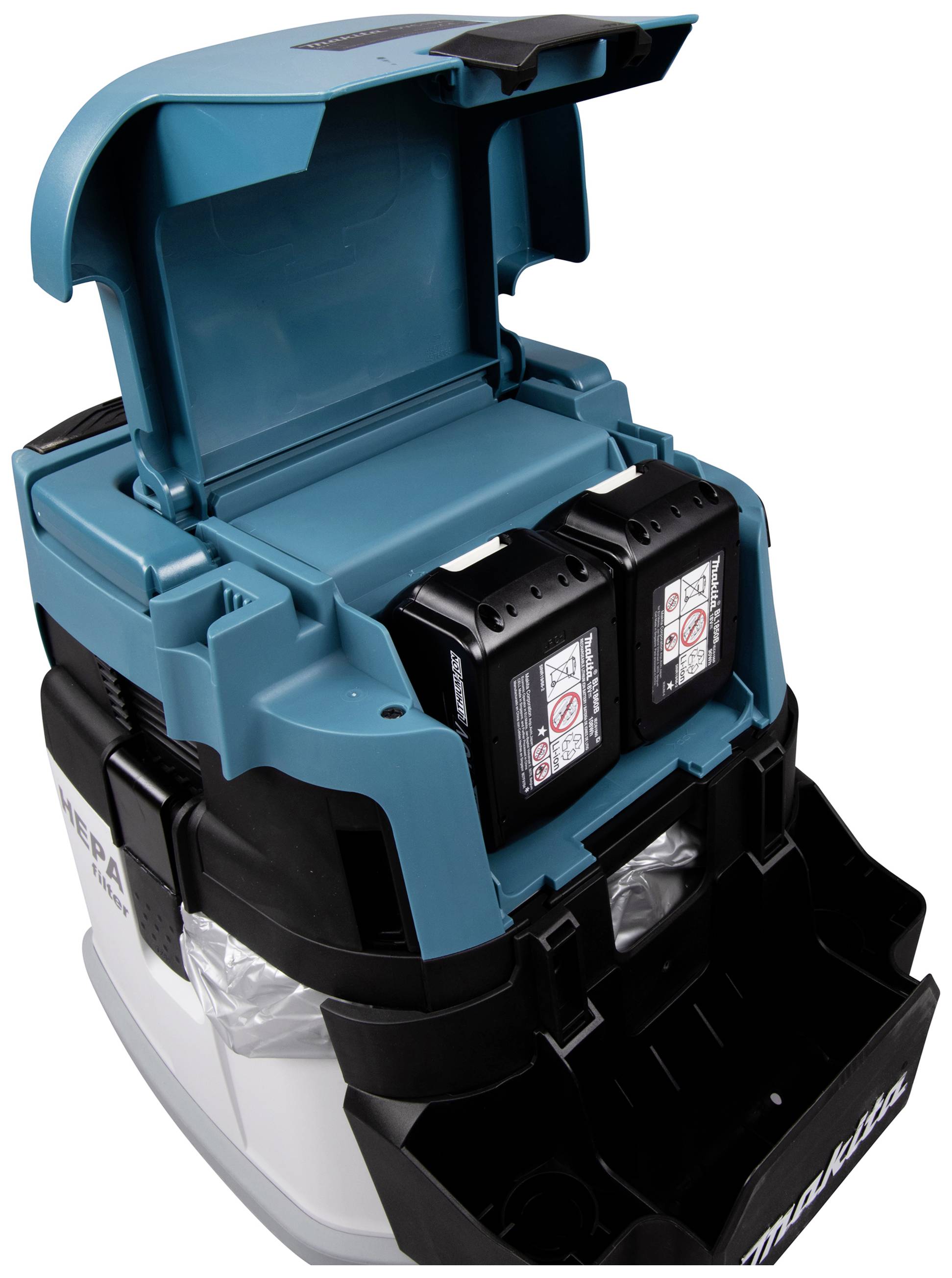 Ein kabelloser Industriesauger mit geöffnetem Fach, das zwei Akkus zeigt. Geeignet für den Einsatz in Bereichen ohne Stromversorgung.