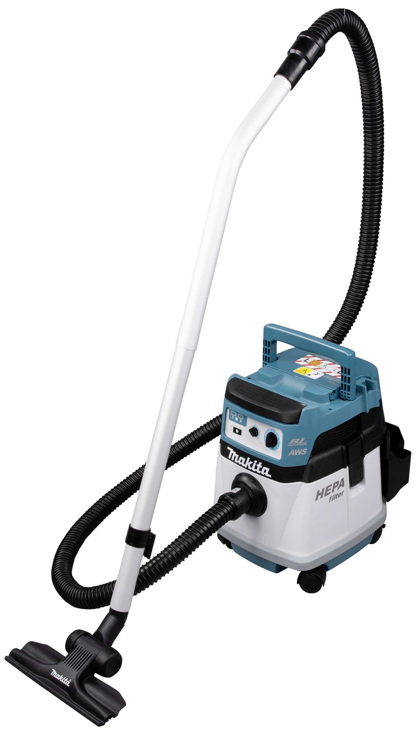 Industriestaubsauger mit HEPA-Filter, blau-weiß. Flexibler Schlauch mit breitem Saugkopf. Geeignet für Baustellenreinigung.