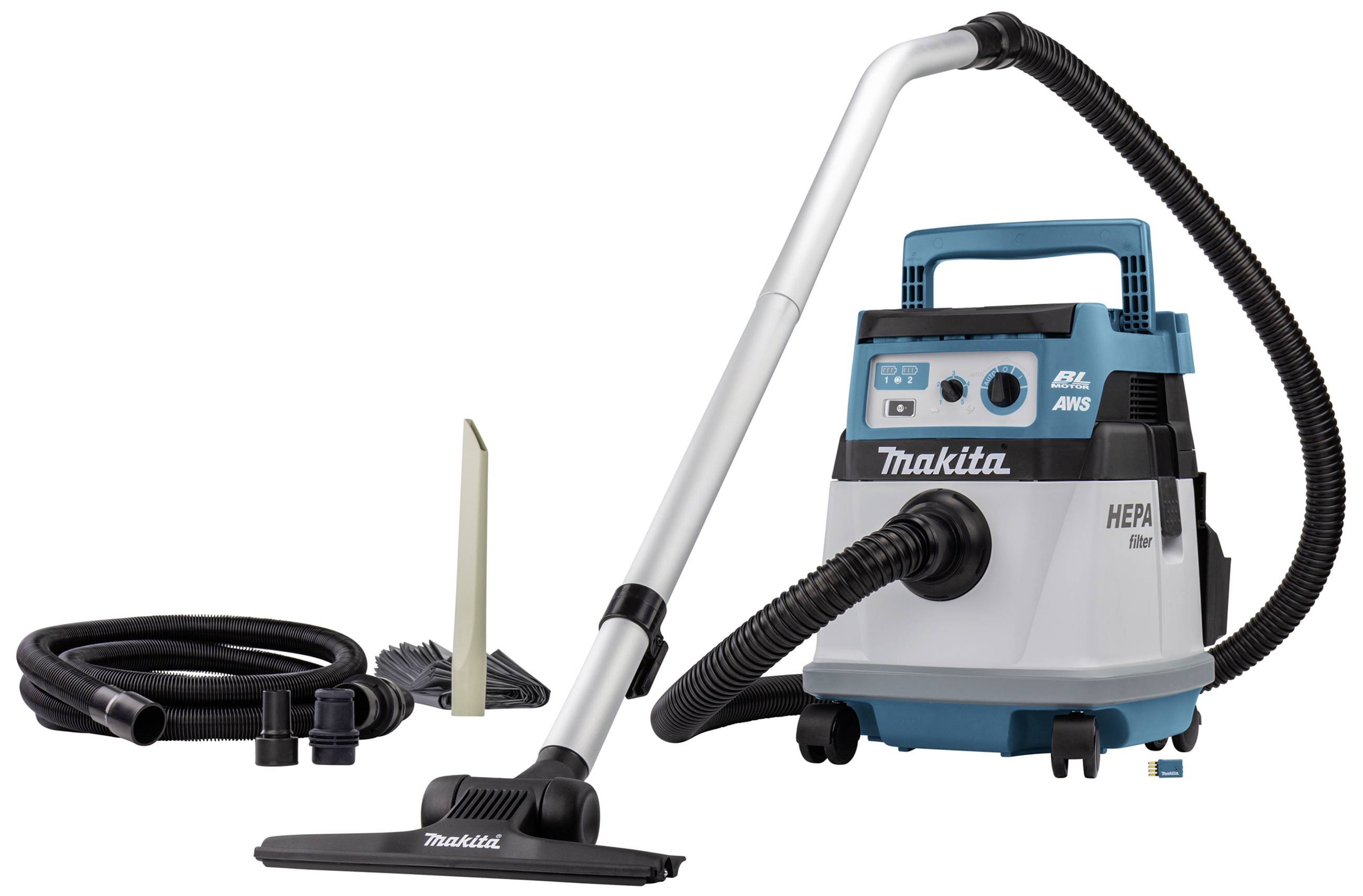 Ein Staubsauger mit HEPA-Filter und Zubehör, darunter ein Schlauch, eine Fugendüse und Bürste. Geeignet für effiziente Reinigung.