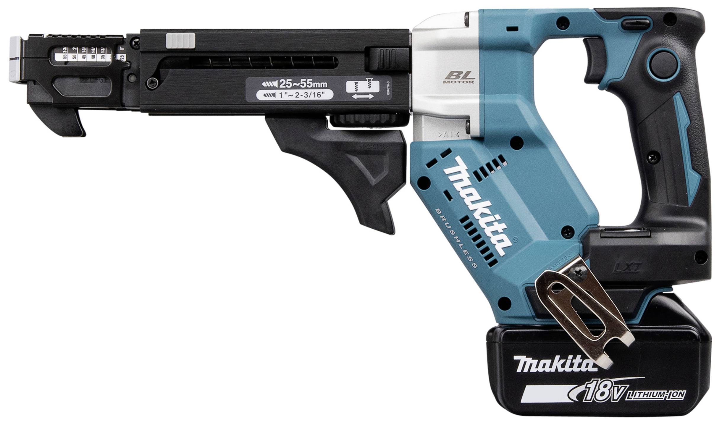 Elektrischer Makita-Akkuschrauber mit blauem Gehäuse und Li-Ionen-Akku, geeignet für Schraubenlängen von 25-55 mm.