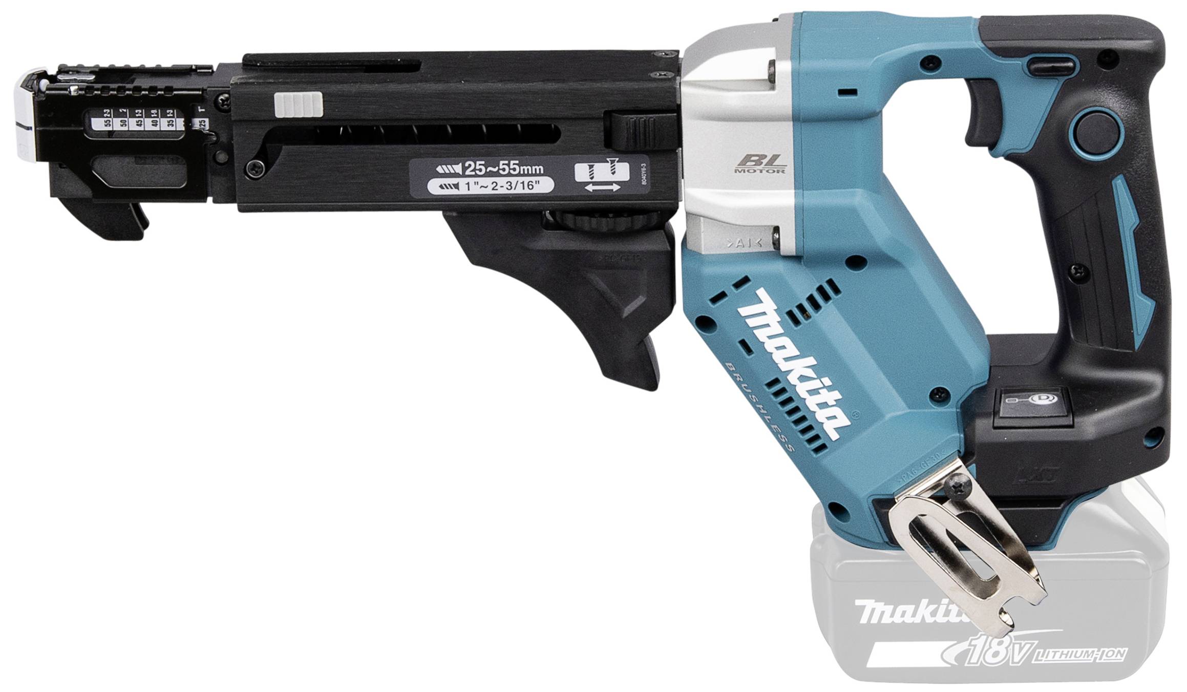 Akkuschrauber in Blau-Schwarz mit Magazinaufsatz für Schrauben. Geeignet für Schraubenlängen von 25-55 mm. Markenname sichtbar.