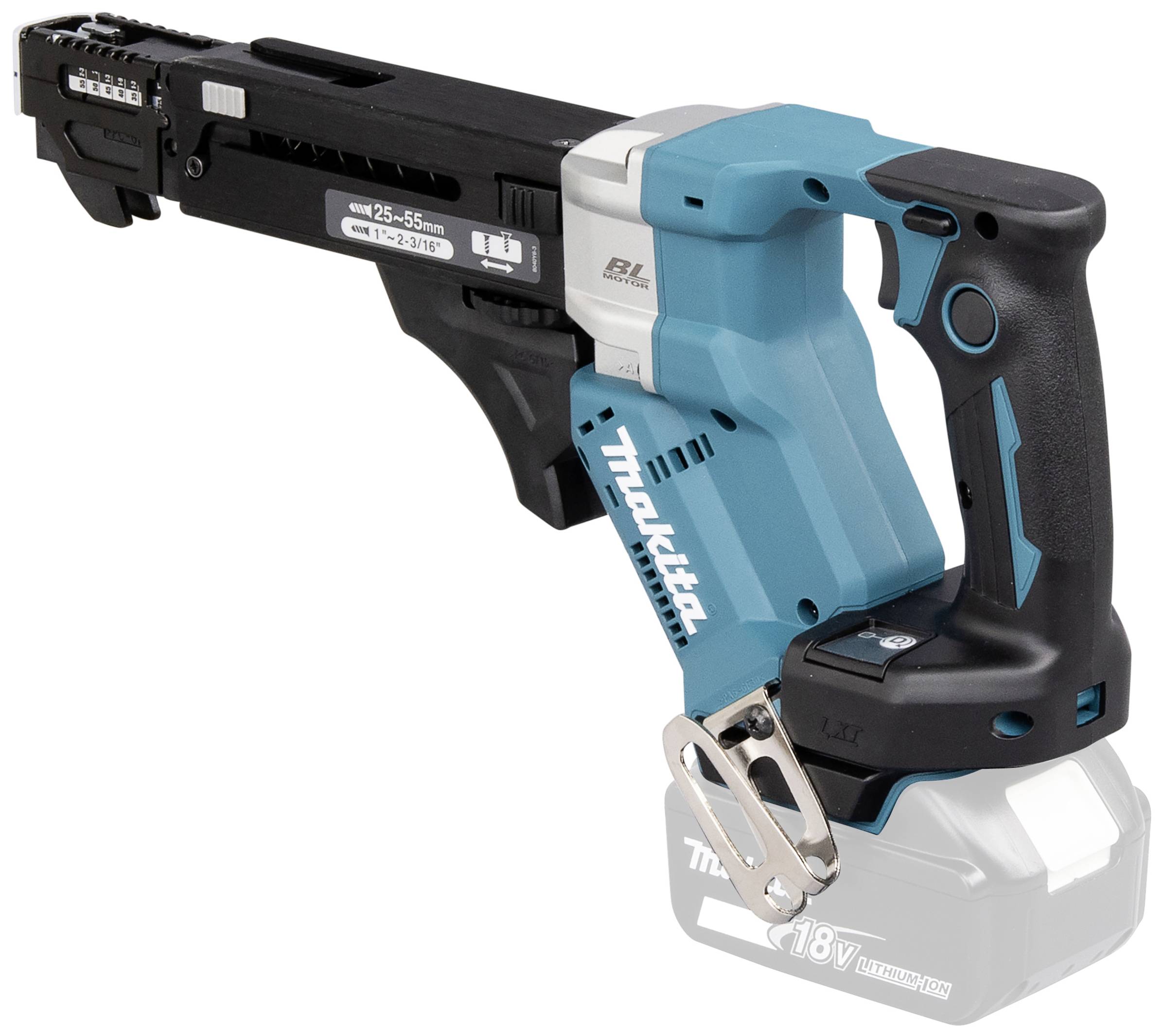 Akkuschrauber von Makita mit blau-schwarzem Gehäuse und ergonomischem Griff. Geeignet für Schrauben von 25-55mm, 18V Batterie.