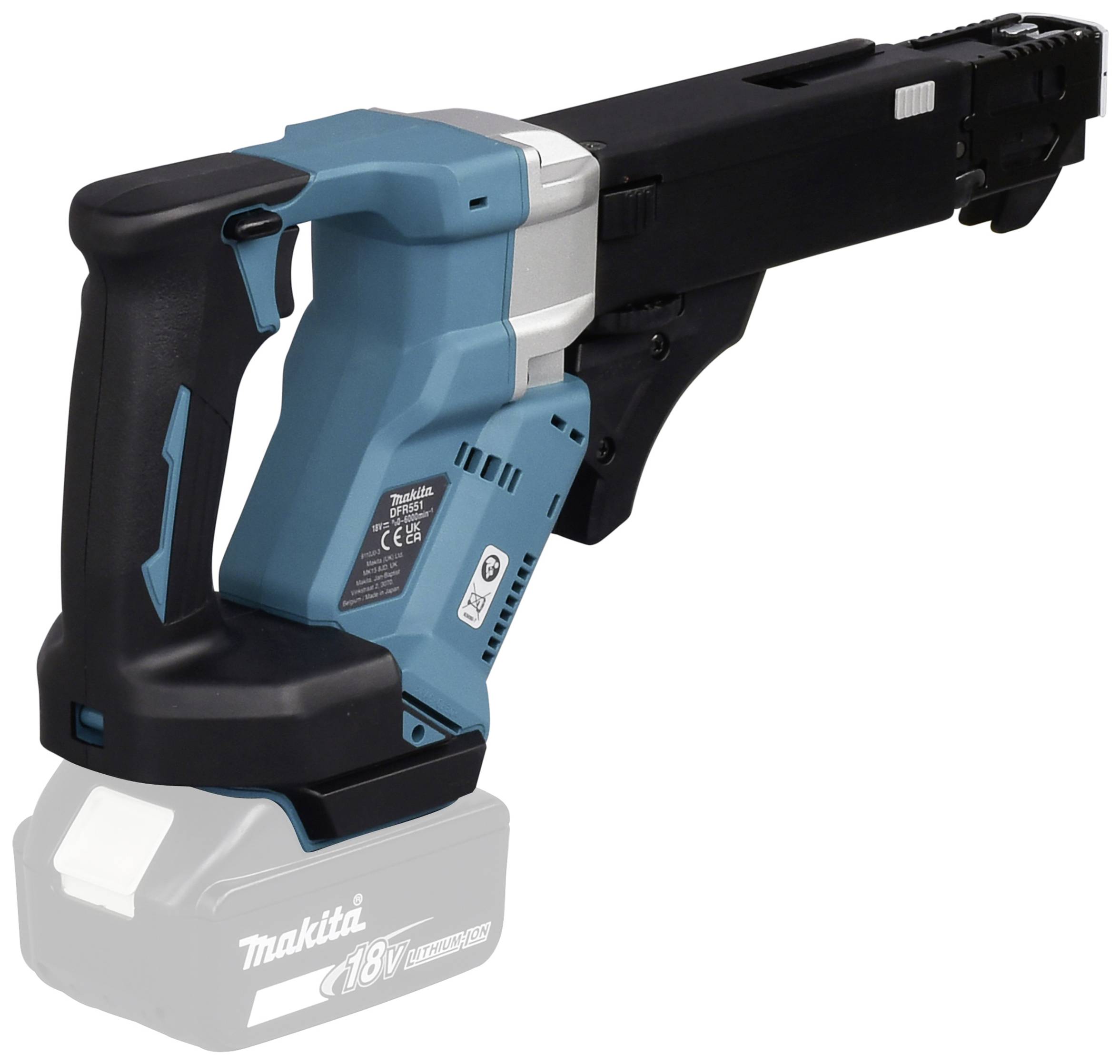 Ein kabelloser blauer und schwarzer elektrischer Schraubenzieher mit ergonomischem Griff und Akkufach.