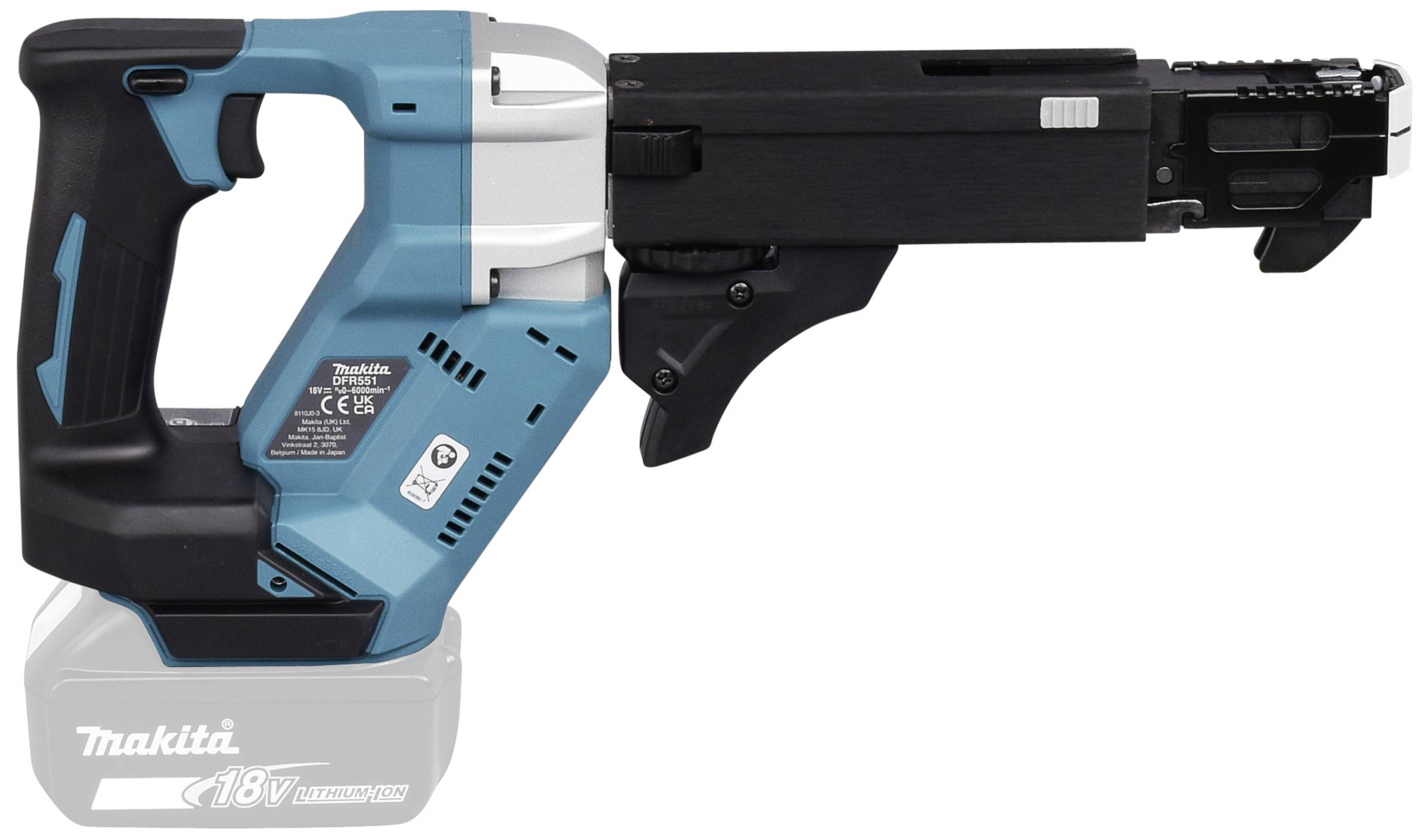 Akkuschrauber mit blauem und schwarzem Gehäuse. Auf der Seite befindet sich ein Produktetikett mit technischen Details und Logos.