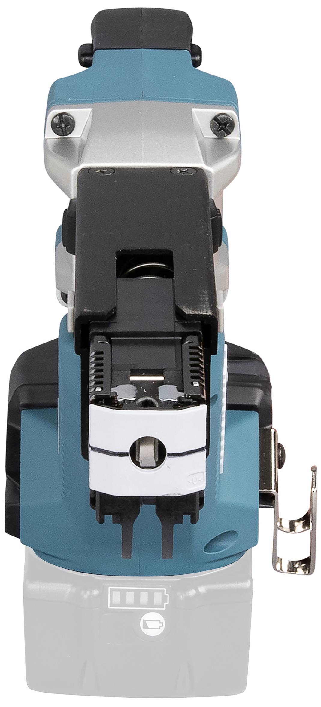 Akkuschrauber in Draufsicht, zeigt das Design des Geräts mit Akkufach und Schraubkopf.