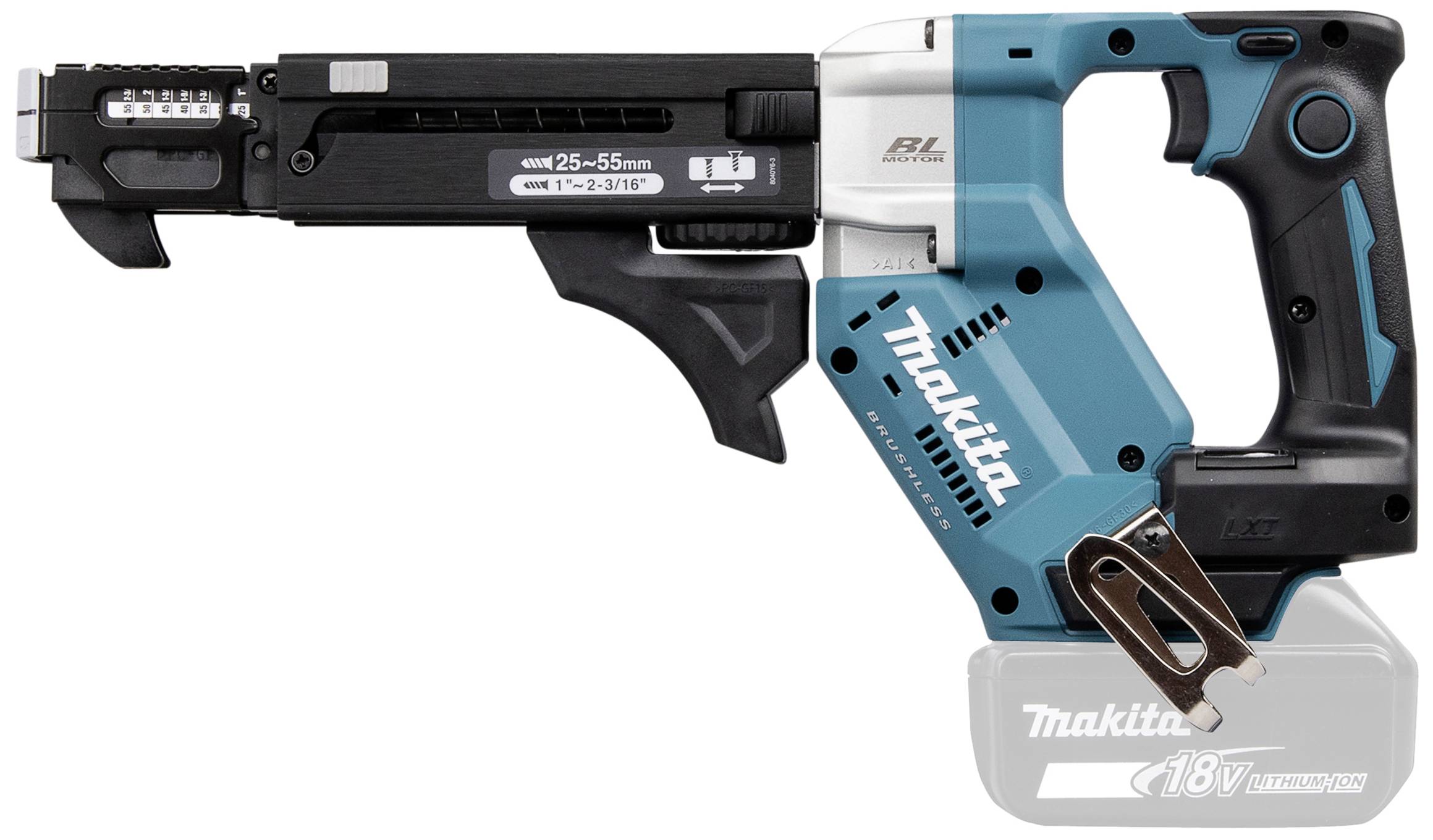 Makita Akku-Magazinschrauber mit 18V, blau-schwarz. Eignet sich zum schnellen Verschrauben von Gipskarton oder Holz.