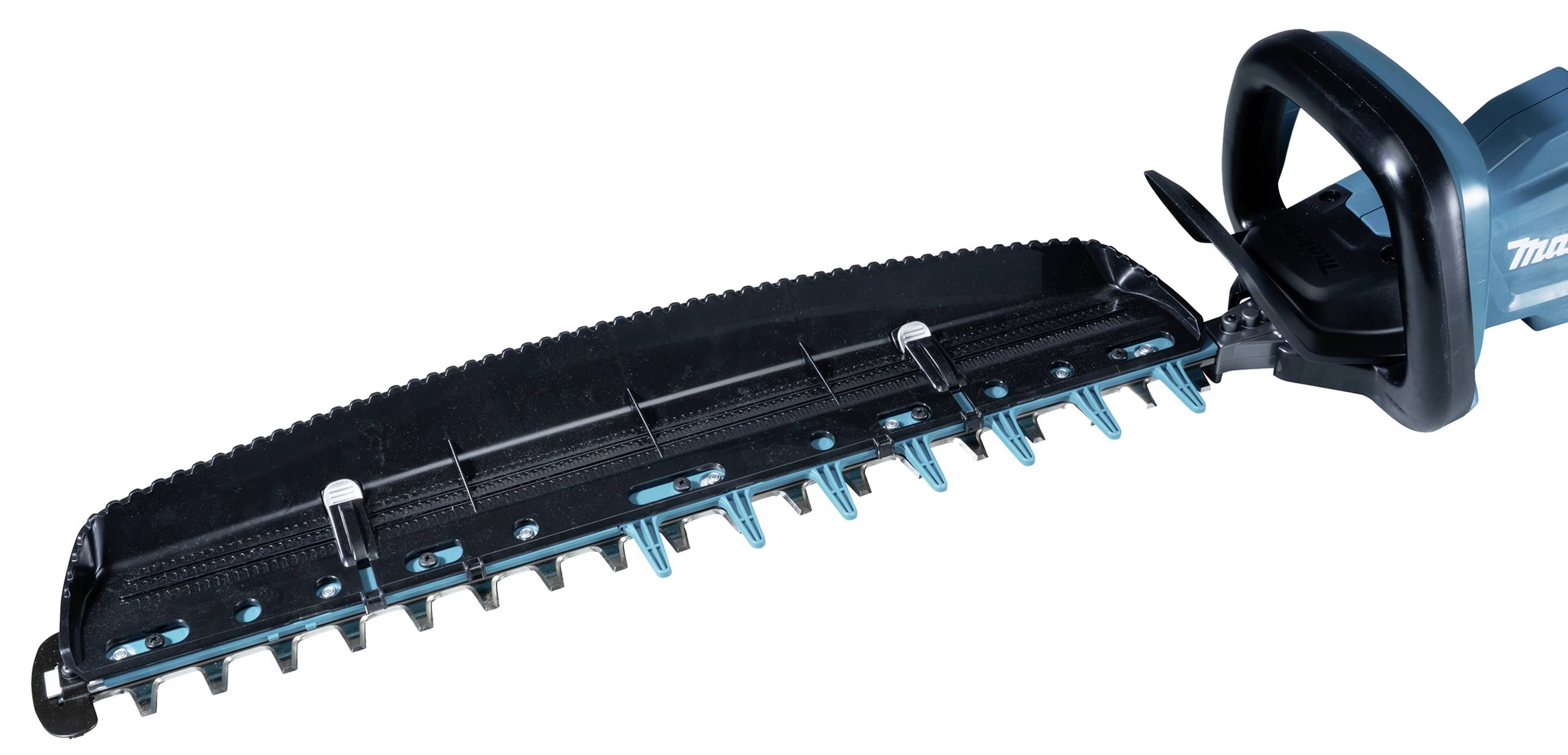 Elektrische Heckenschere mit blau-schwarzem Gehäuse und scharfen Klingen, geeignet zum Schneiden von Sträuchern und Hecken.