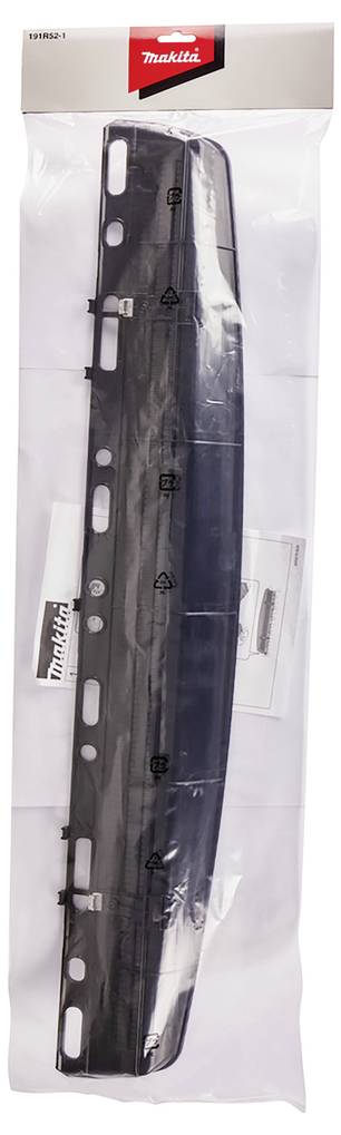 Eine Makita-Plastikverpackung, die einen schwarzen Plastikstreifen mit Löchern enthält, möglicherweise eine Schutzabdeckung oder Komponente, vor einem weißen Hintergrund.