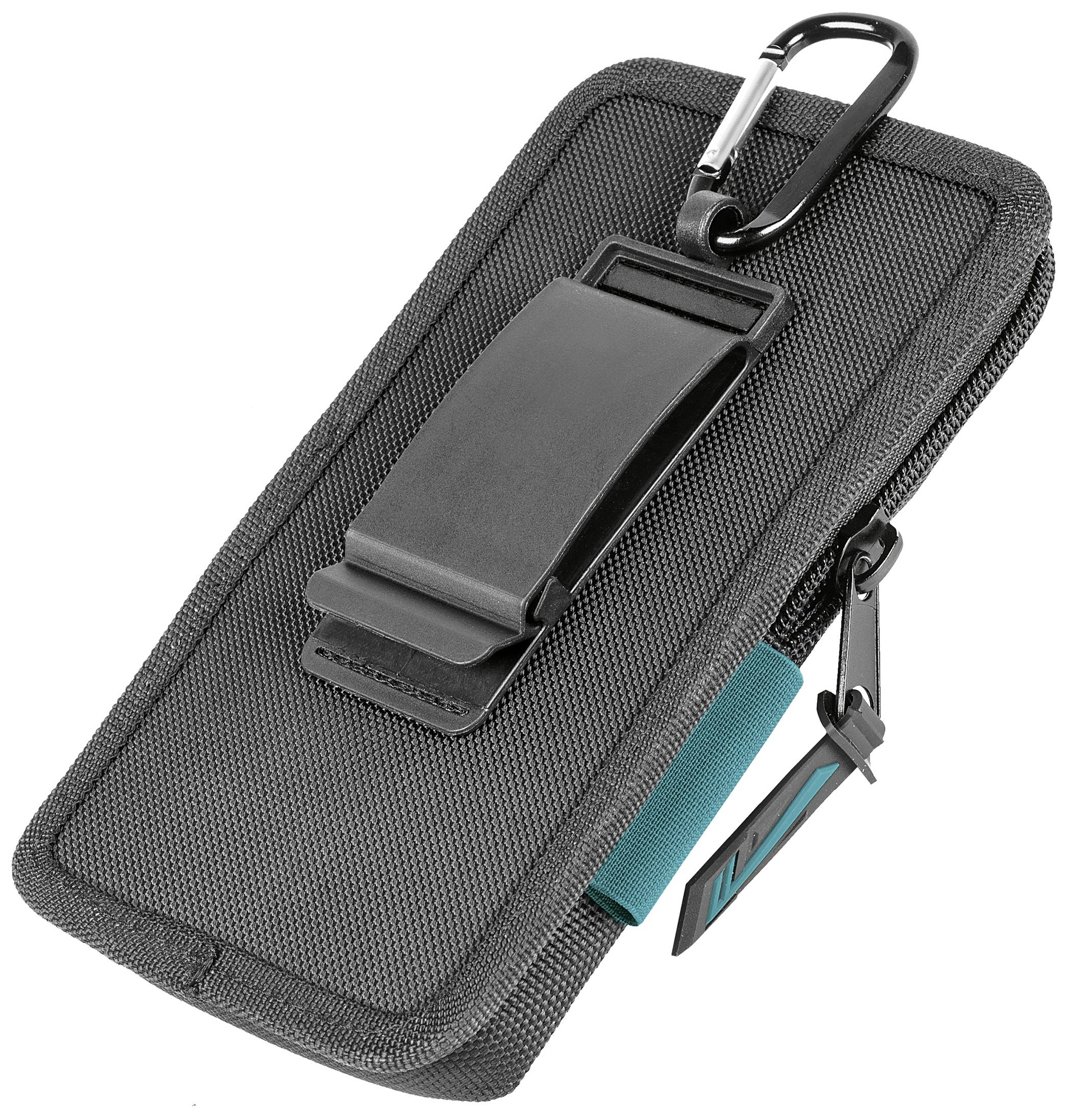 Schwarze Tasche mit Reißverschluss und Karabinerhaken zur Befestigung. Enthält eine robuste Gürtelschlaufe auf der Rückseite.