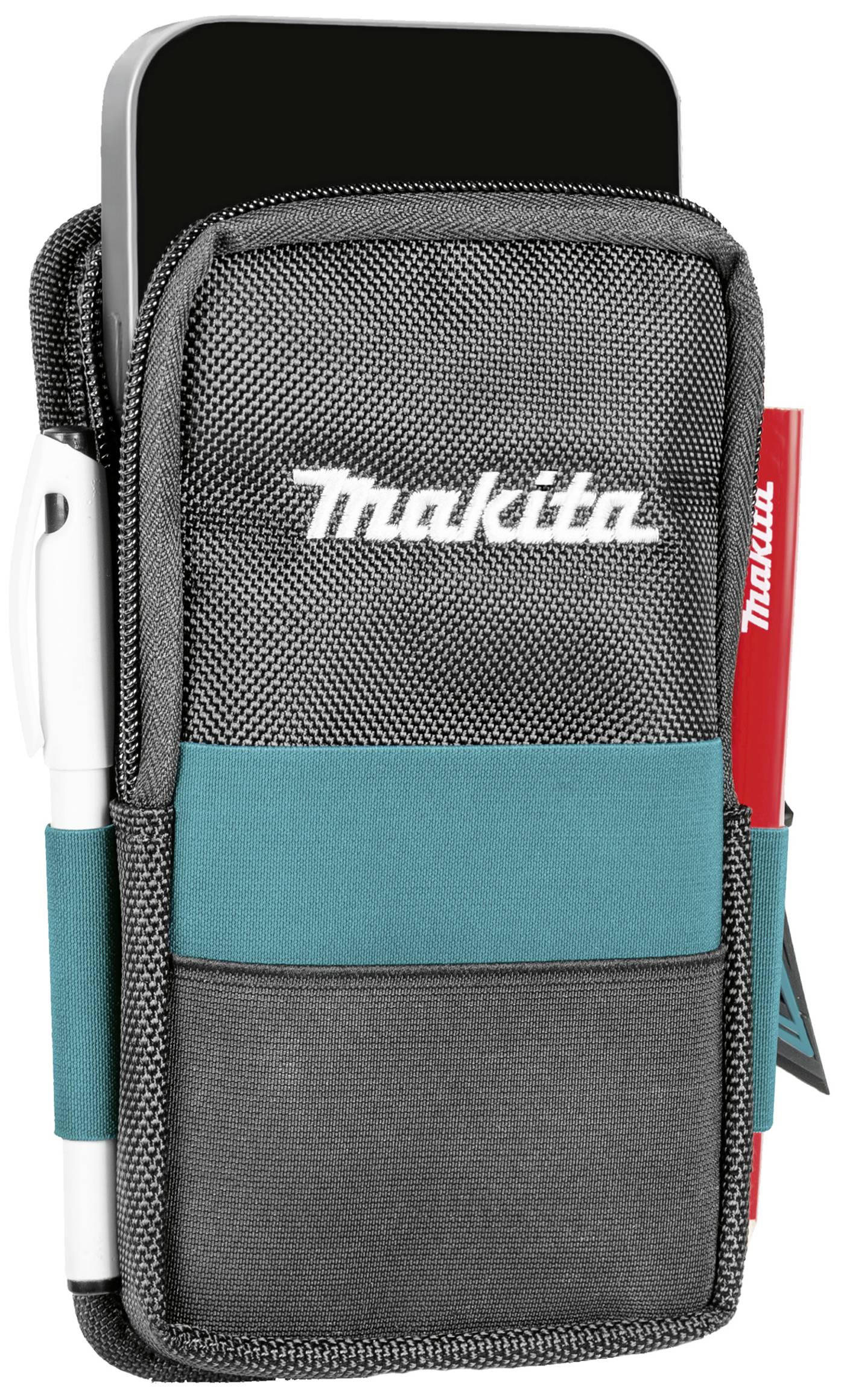 Smartphone in einer schwarzen, stoffbasierten Tragetasche mit einem weißen und einem roten Stift in seitlichen Taschen.