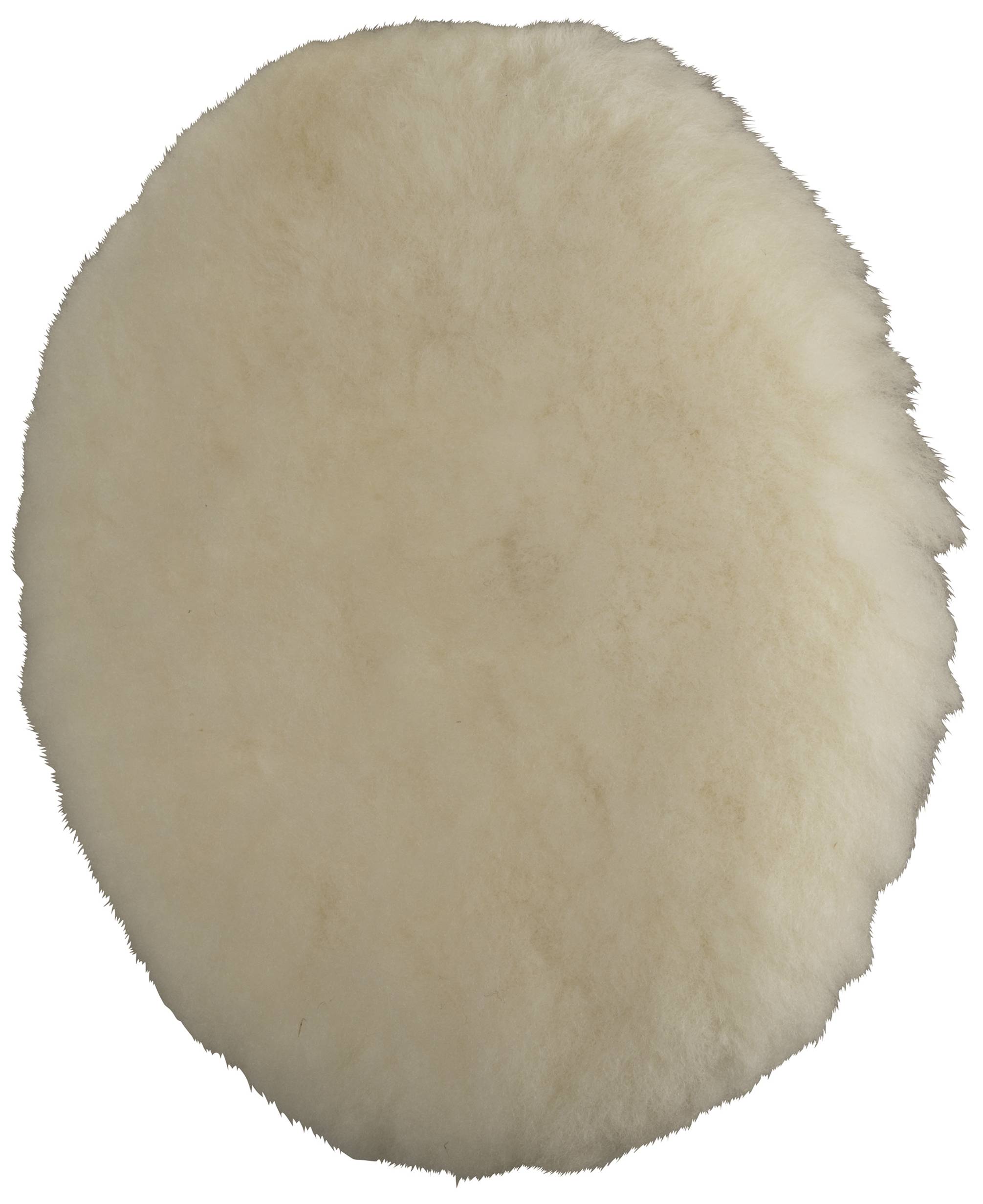 Ovaler, flauschiger, cremefarbener Gegenstand. Könnte ein Kissen oder Teppich aus Schaffell oder Ähnlichem sein.