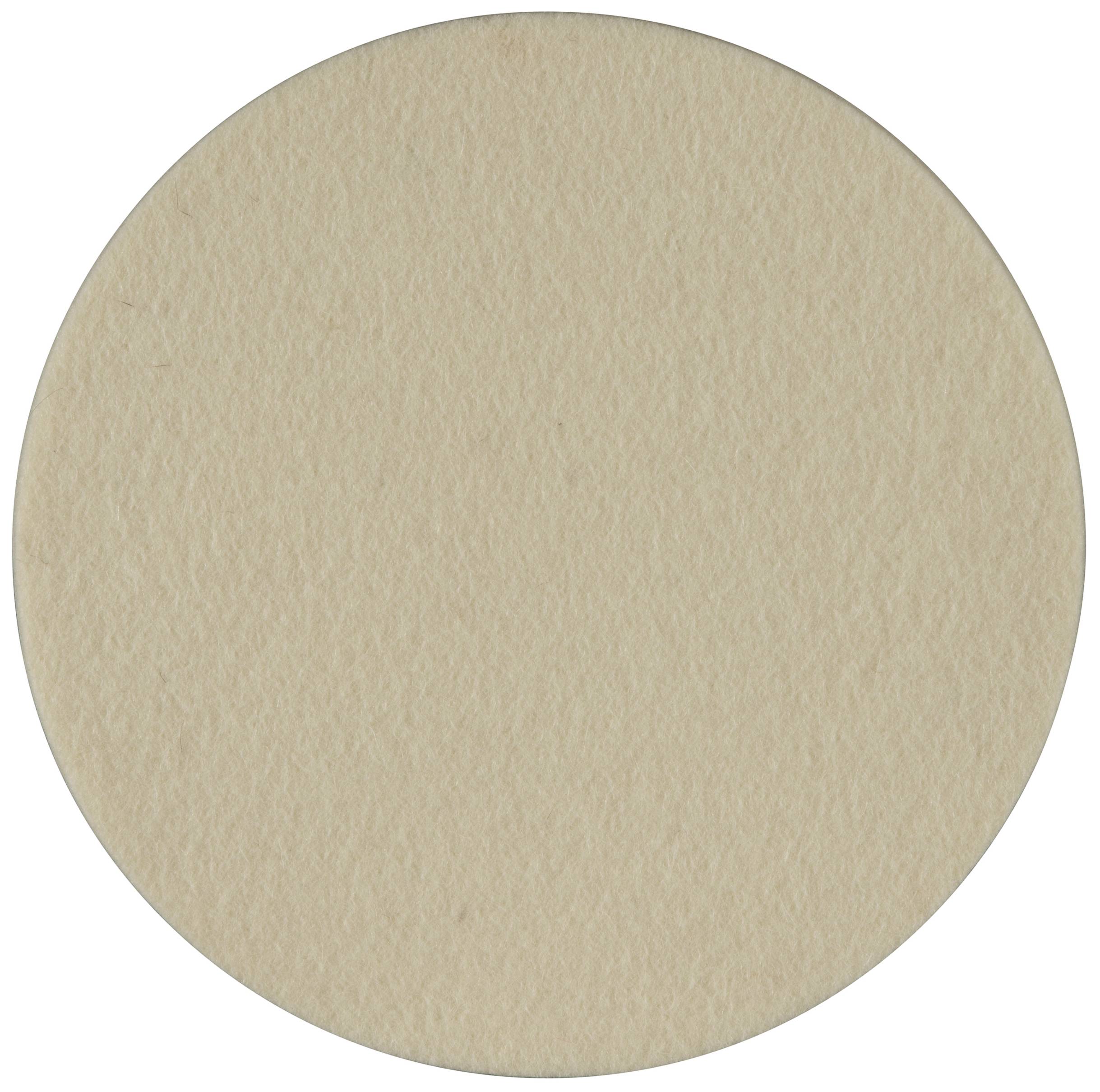 Ein beiger, runder Filzuntersetzer auf weißem Hintergrund.