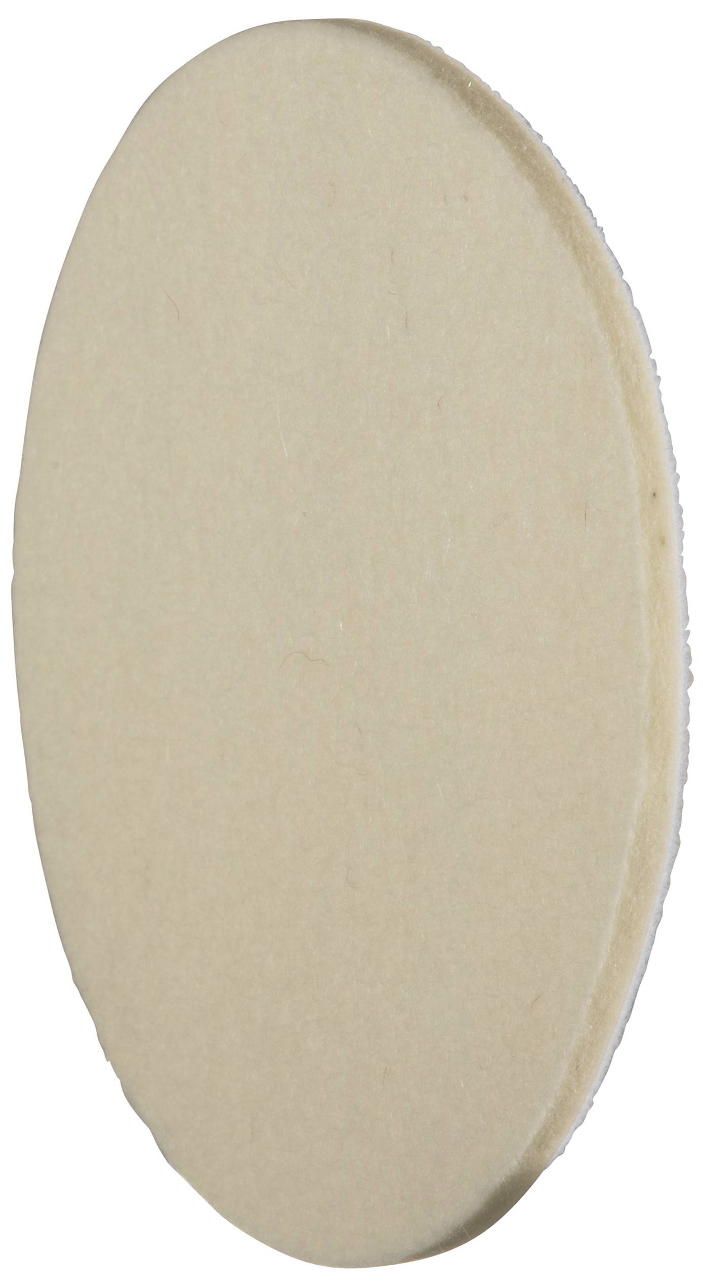 Ein ovaler, beige Filzpolierer zur Verwendung mit Werkzeugmaschinen, seitlich dargestellt. Ideal für Polierarbeiten auf Metalloberflächen.