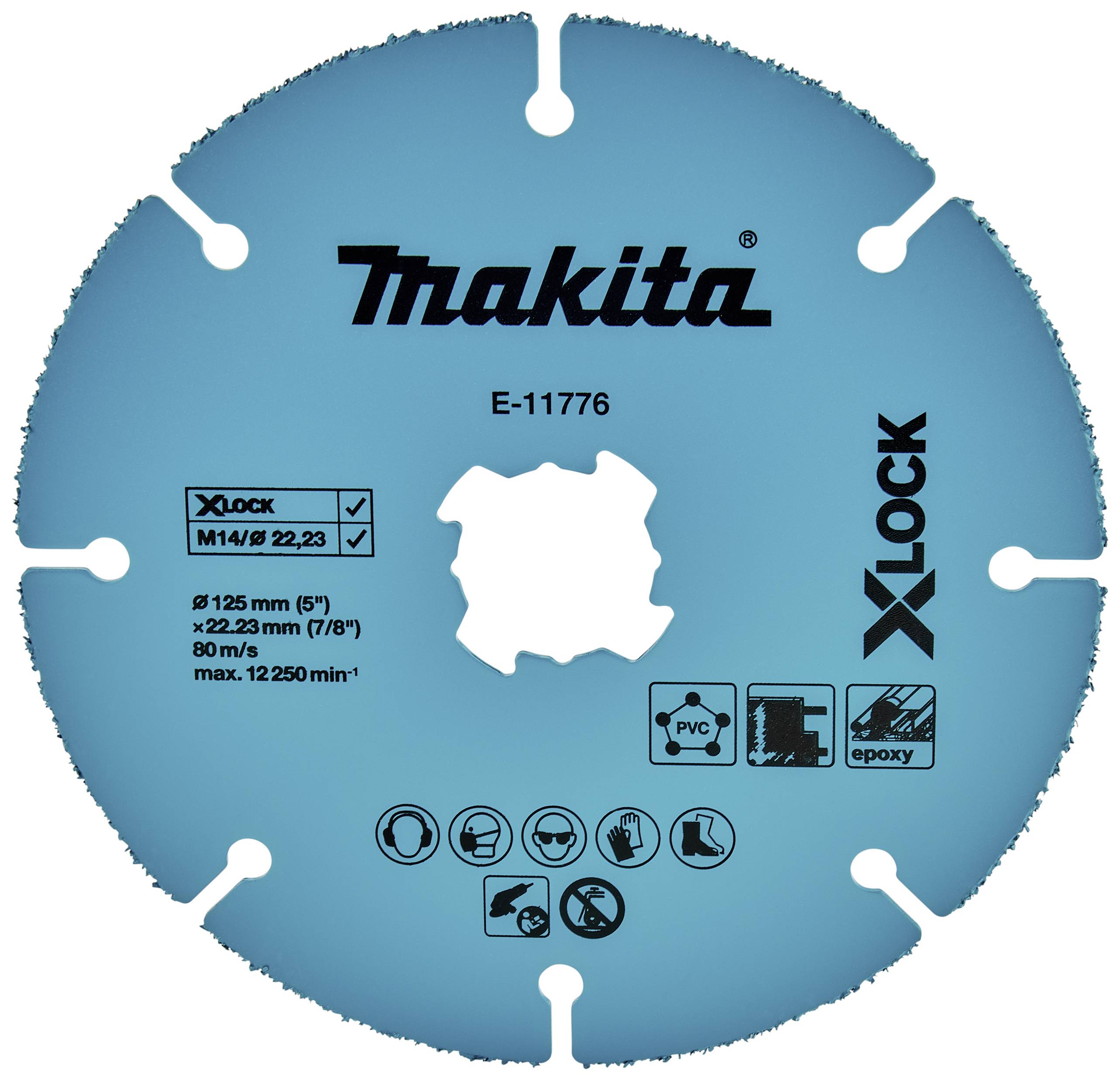 Schleifscheibe von Makita mit X-Lock-System, Modell E-11776, 125 mm Durchmesser, geeignet für Metalle, PVC, Epoxidharz.