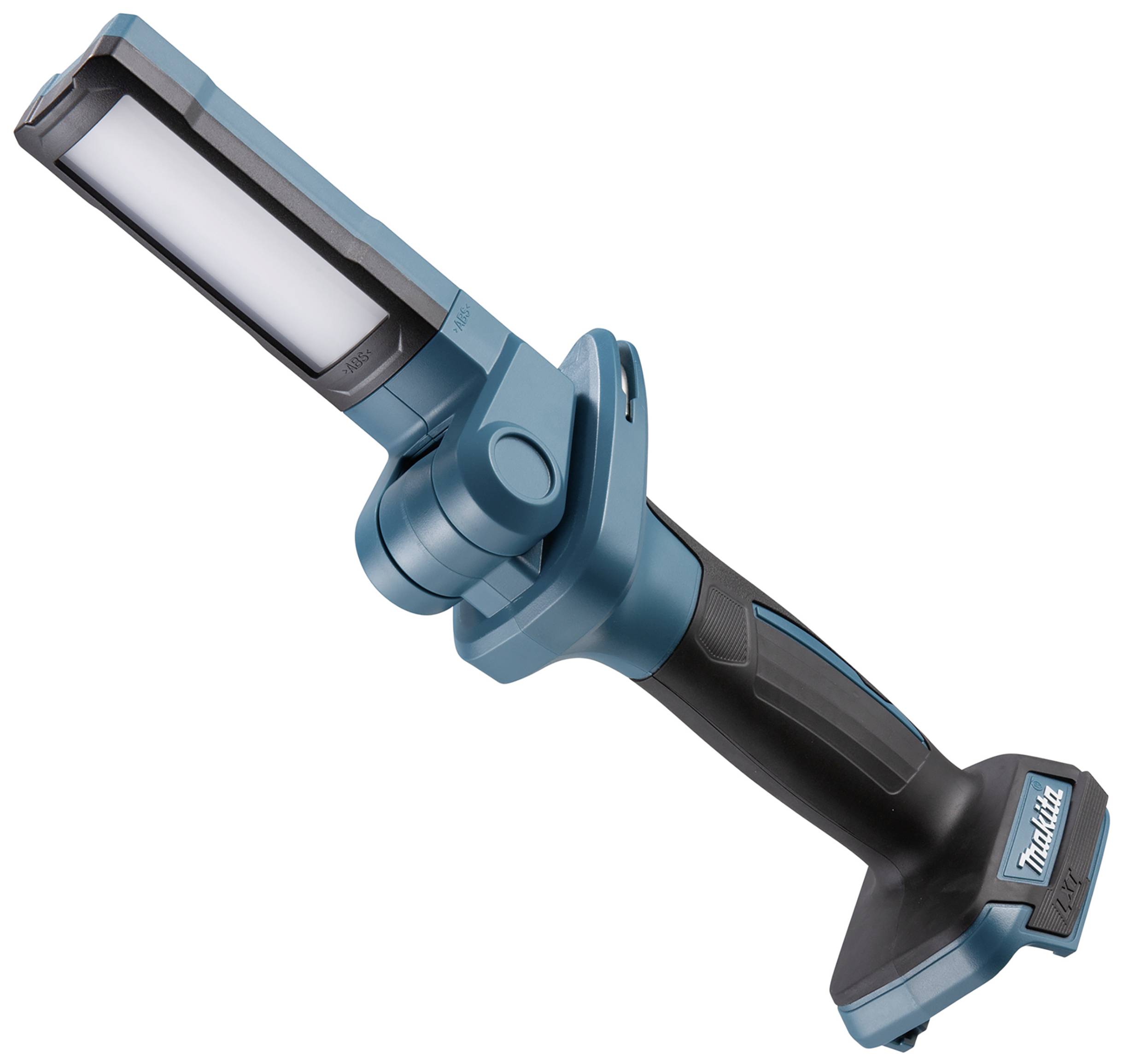 Akkubetriebene LED-Arbeitsleuchte in Blau mit schwenkbarem Kopf, geeignet für verschiedene Arbeitsumgebungen.