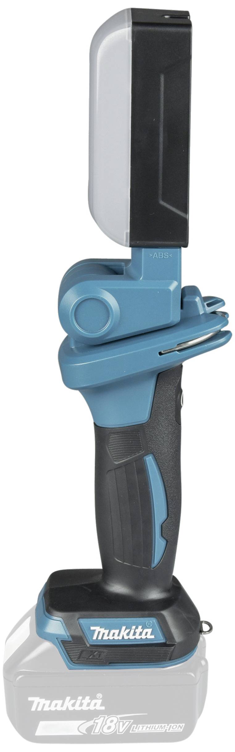Akkubetriebene Arbeitsleuchte in Blau und Schwarz, mit schwenkbarem Kopf und ergonomischem Griff. Ideal für Baustellenbeleuchtung.