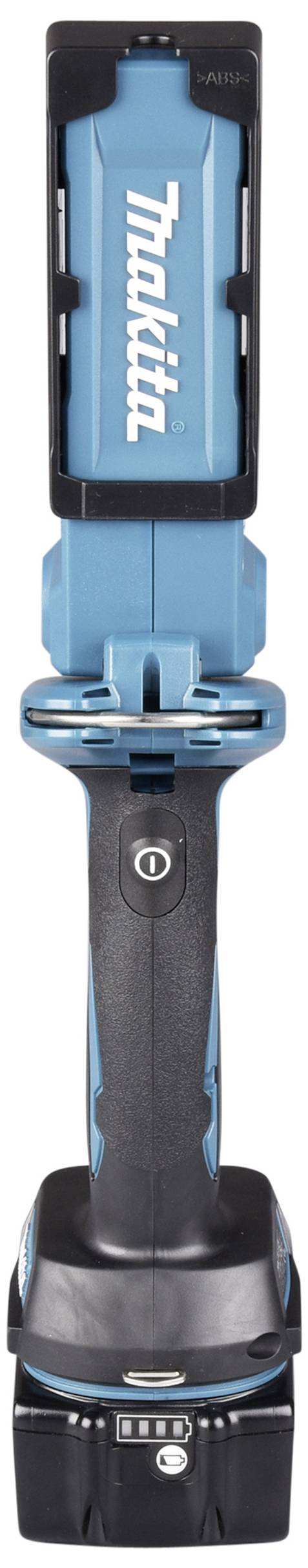 Tragbare, blaue Makita-Arbeitsleuchte mit schwarzem Griff zeigt Batterieanzeige; geeignet für Baustellenbeleuchtung.