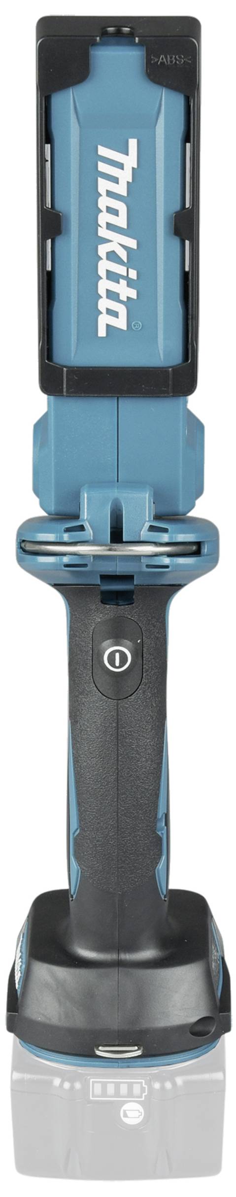Ein blau-schwarzer Makita Akku-Arbeitsstrahler mit ergonomischem Griff und ausklappbarem Lichtsegment, geeignet für Arbeitsbeleuchtung.