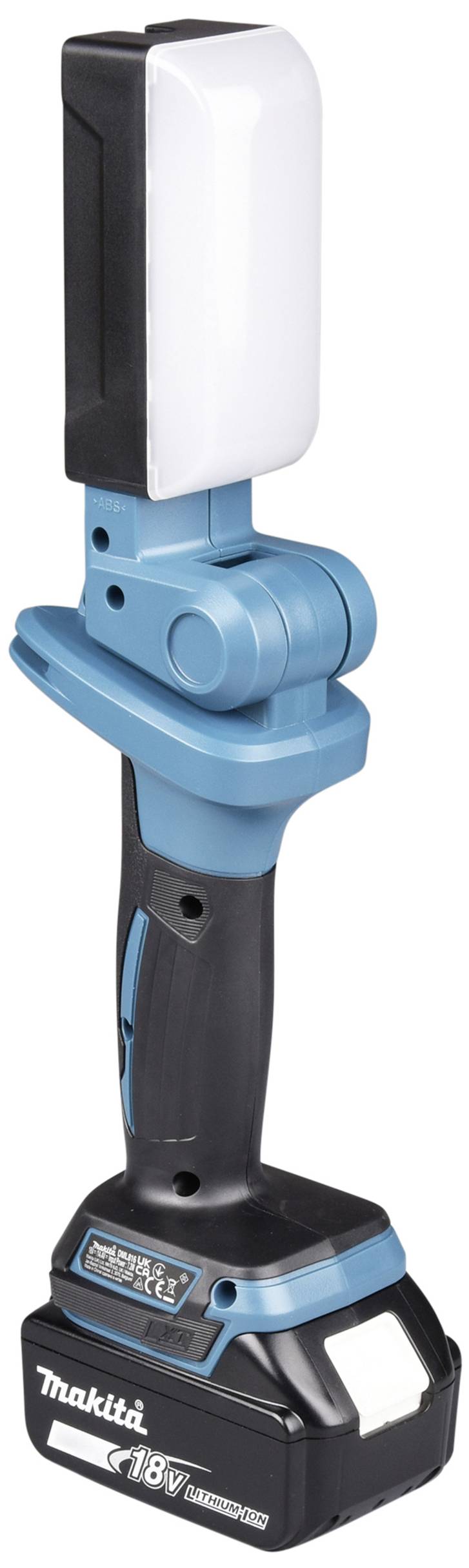 Kabellose blaue Makita Arbeitsleuchte mit schwarzem Griff und 18V-Akku.