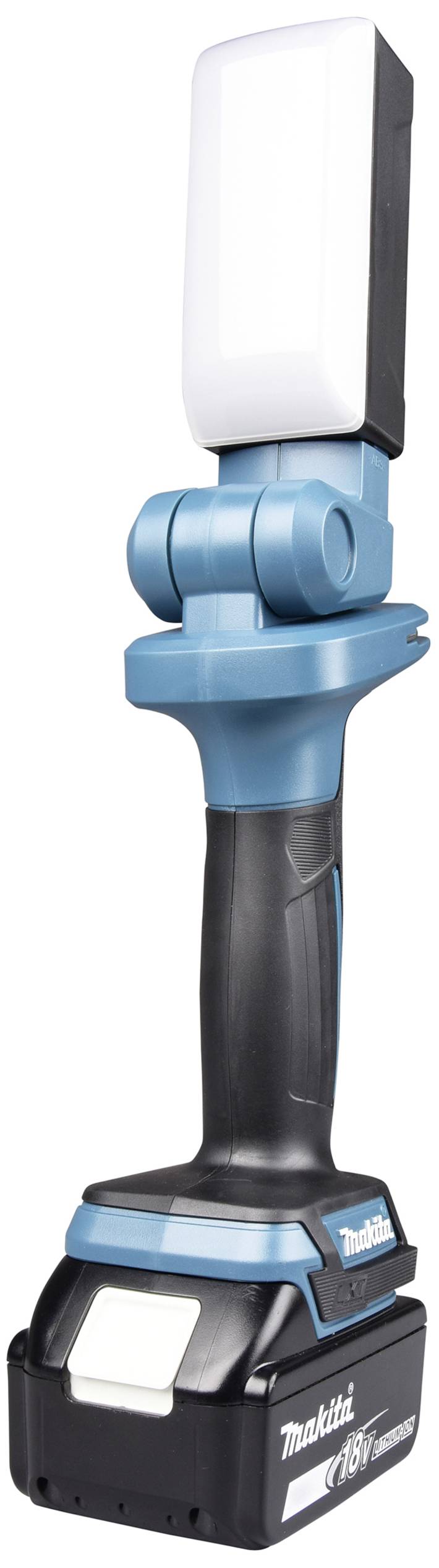 Akku-betriebene LED-Arbeitsleuchte in Blau und Schwarz, mit schwenkbarem Kopf für variable Beleuchtungswinkel.