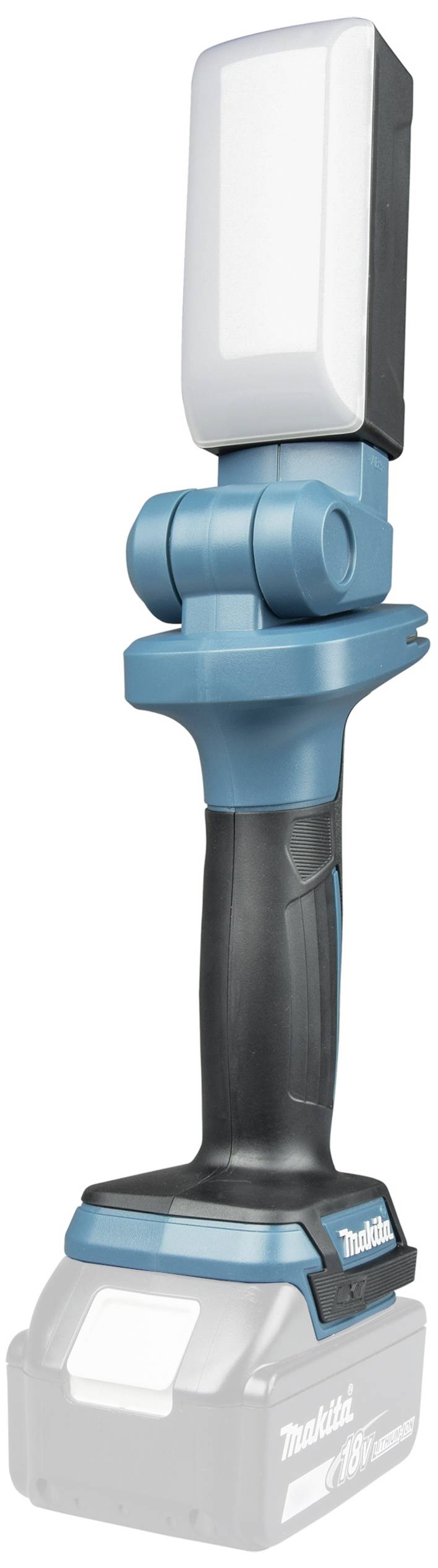 Tragbare LED-Arbeitsleuchte mit verstellbarem Kopf, blau-schwarz, auf Akkubasis. Ideal für flexible Beleuchtung bei Werkprojekten.