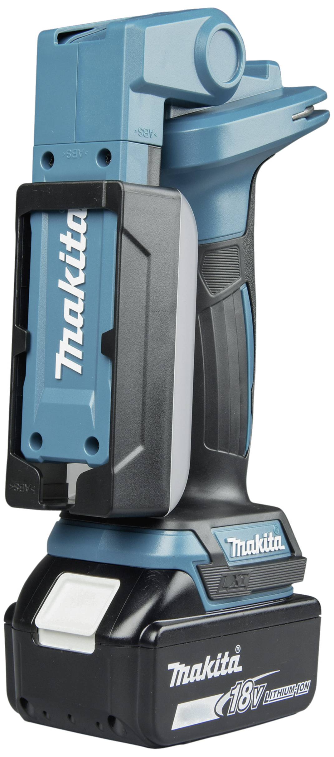 Akkubetriebene, blaue LED-Lampe von Makita mit flexiblem Kopf und schwarzem Griff.