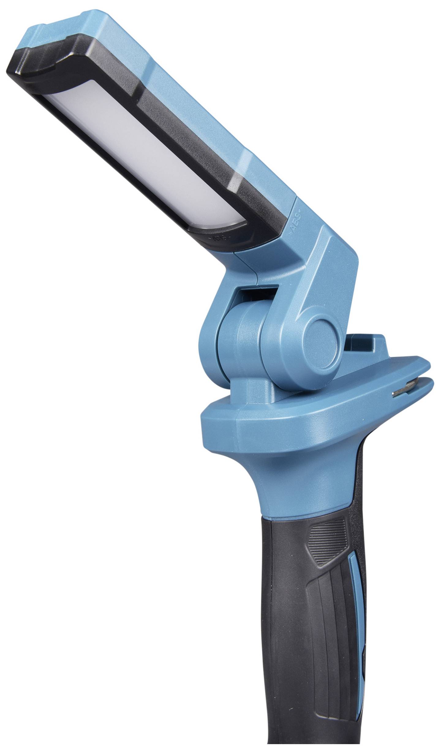 Blaue LED-Arbeitsleuchte mit flexiblem, drehbarem Kopf und ergonomischem Griff, geeignet für Werkstatt- oder Heimwerkerprojekte.