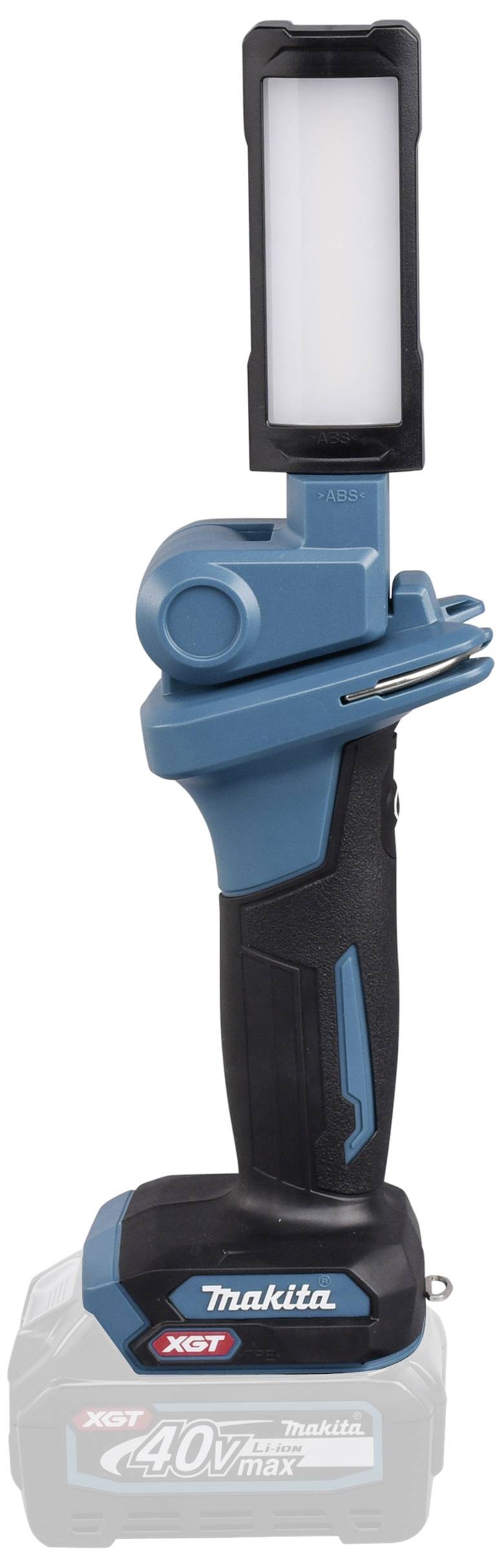 Akku-Arbeitsleuchte von Makita, blau-schwarz, mit drehbarem Kopf und rechteckigem Lampenschirm, geeignet für Werkstattnutzung.