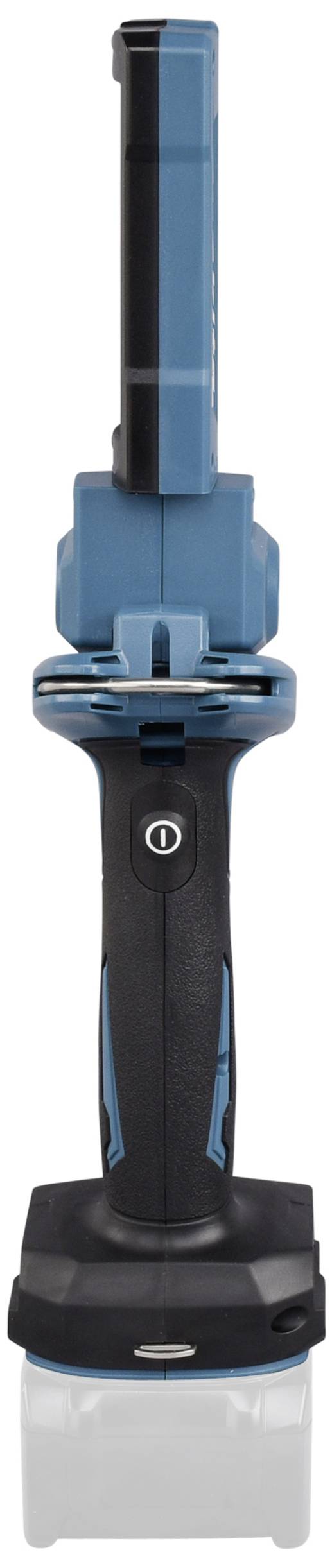 Eine tragbare, blaue Arbeitsleuchte mit verstellbarem Lampenkopf und integriertem Schalter auf einem schwarzen Handgriff.
