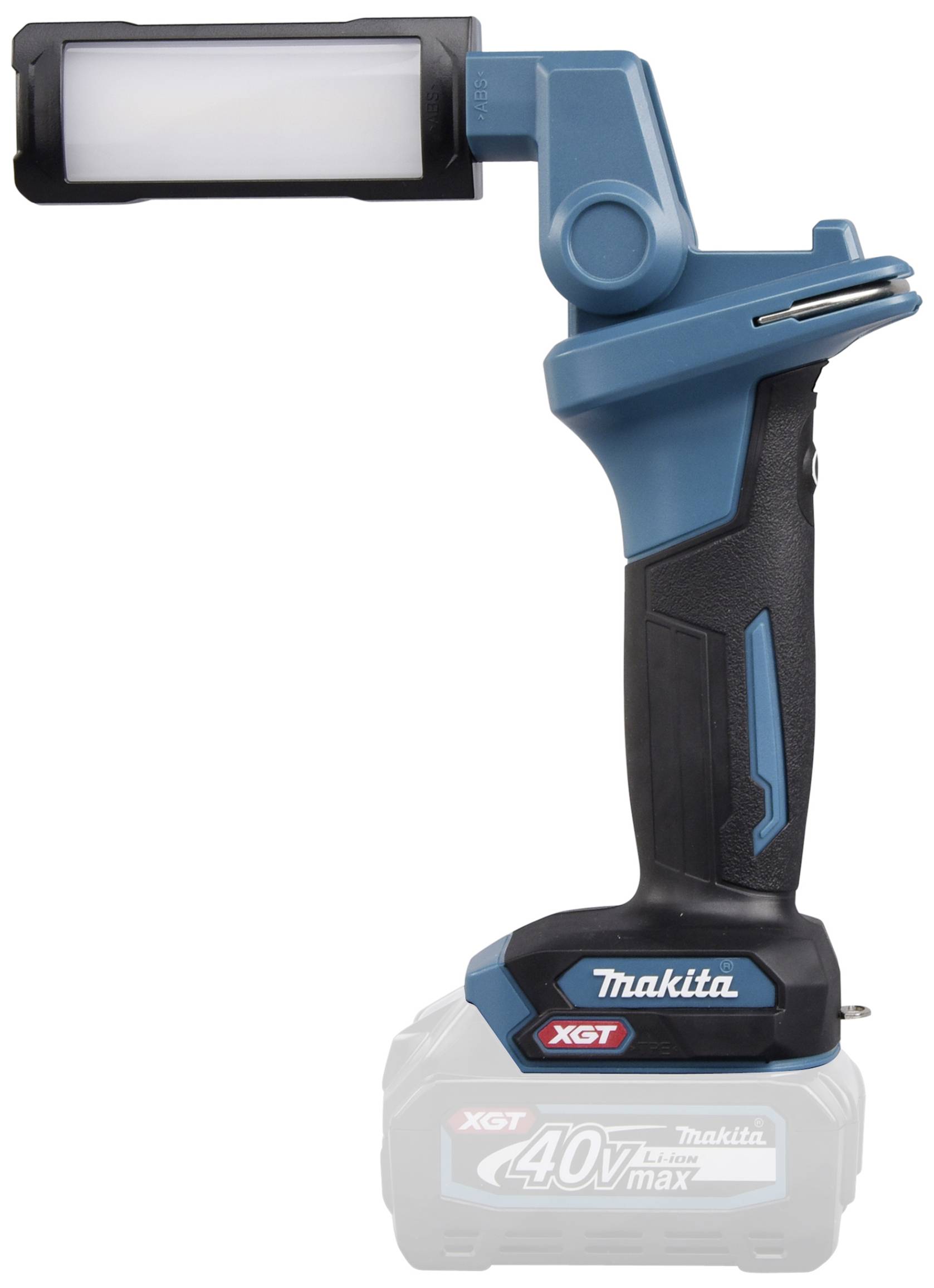 Akku-Lampe mit schlankem Design, blau-schwarz, von Makita. Enthält ein verstellbares LED-Licht und eine 40V-Batterie.