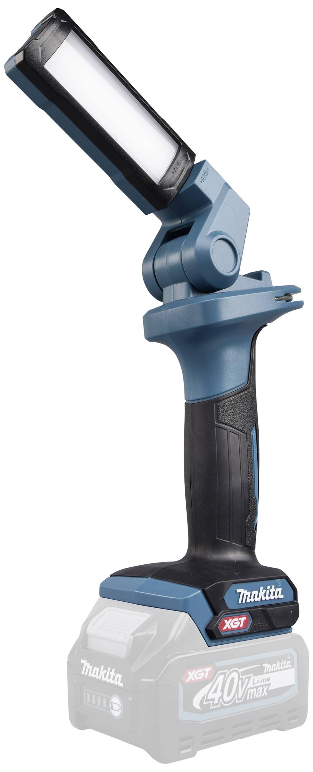 Handlampe von Makita in Blau-Schwarz, aufrecht stehend auf einem 40V-Akku.