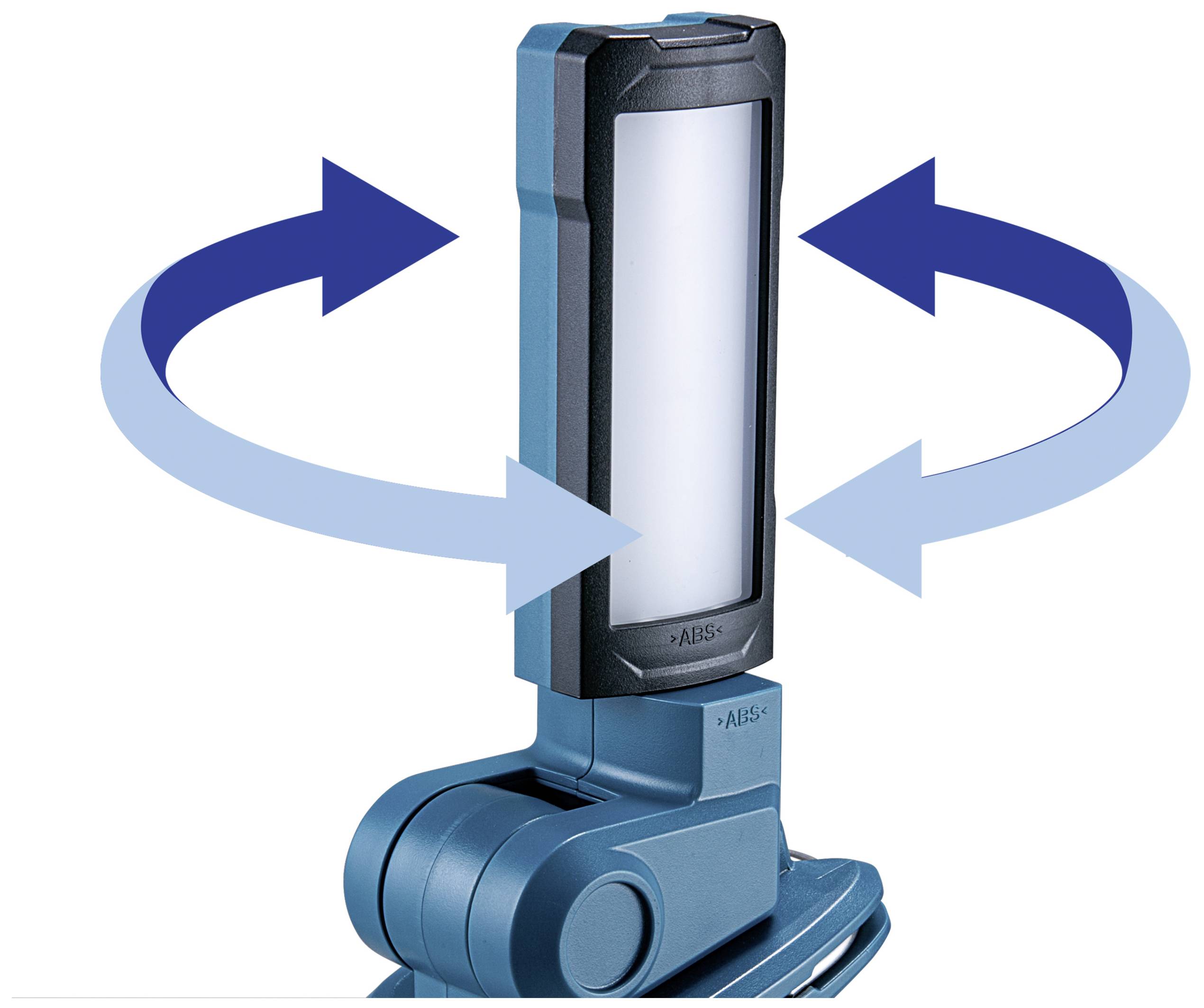 Tragbare LED-Lampe mit drehbarem Kopf und Pfeilen, die die Bewegungsrichtung anzeigen.