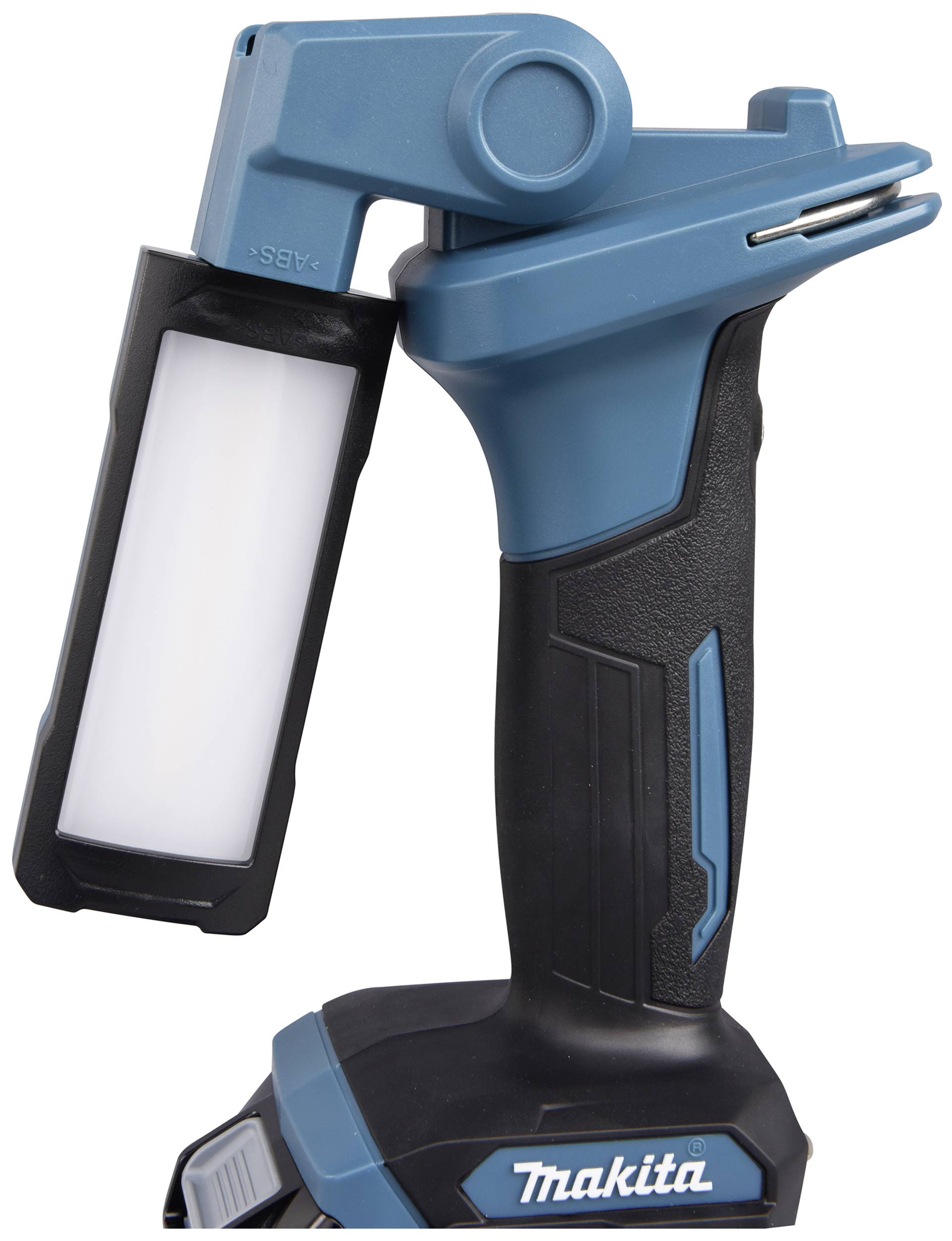 Kabellose blaue Arbeitslampe mit schwarzem Griff und rechteckigem, schwenkbarem Lampenkopf für mobile Beleuchtung.