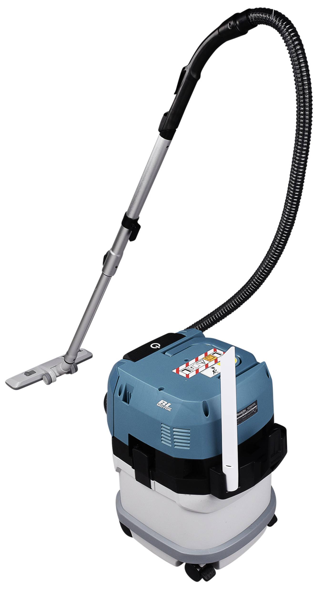 Industriestaubsauger auf Rollen mit einem langen Saugrohr und blauer Abdeckung, geeignet für das Reinigen großer Flächen.