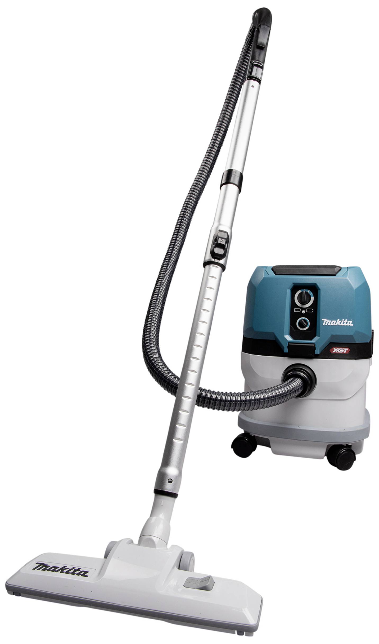 Industriestaubsauger auf Rollen mit langem Saugrohr und blauer Oberseite. Geeignet für Baustellenreinigung.