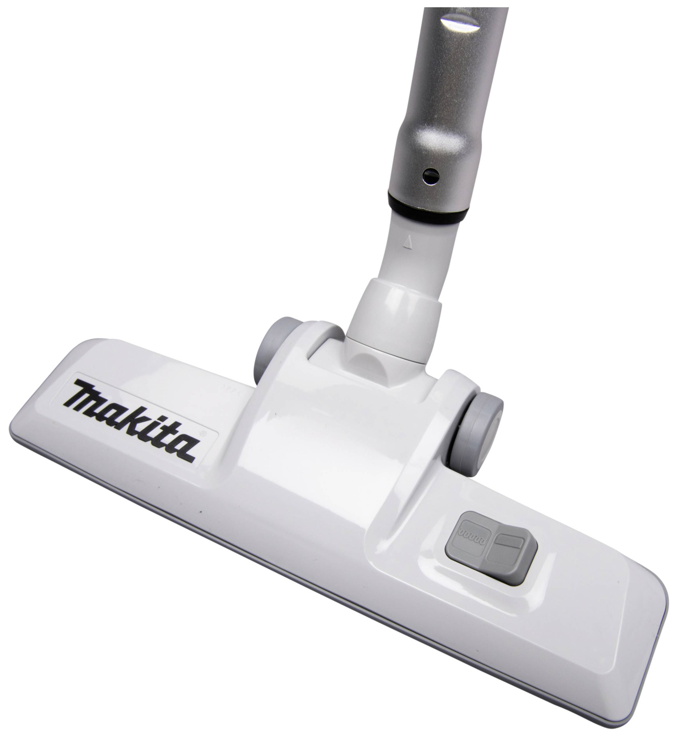 Staubsaugerdüse von oben, mit zwei Rollen und der Aufschrift 'Makita', an einem Saugrohr befestigt.