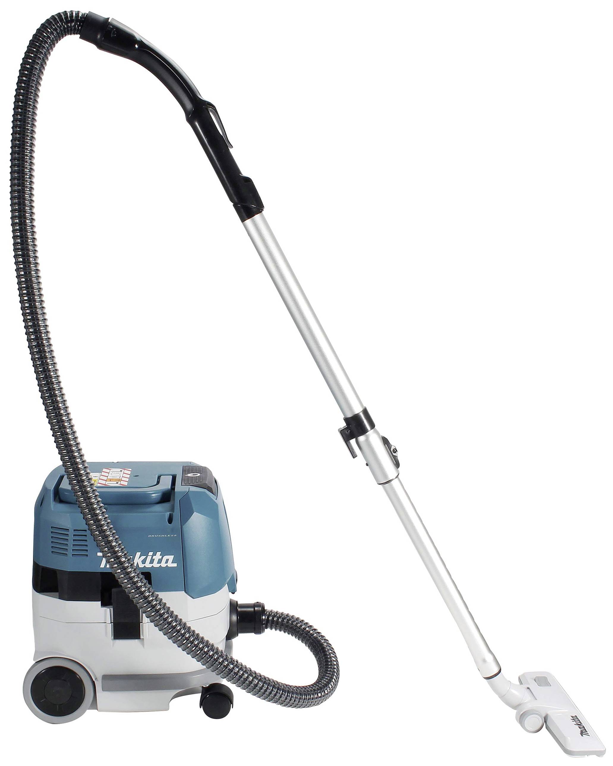 Ein blauer Staubsauger mit silbernem Teleskoprohr und flexibel geriffeltem Schlauch, auf einem weißen Hintergrund.