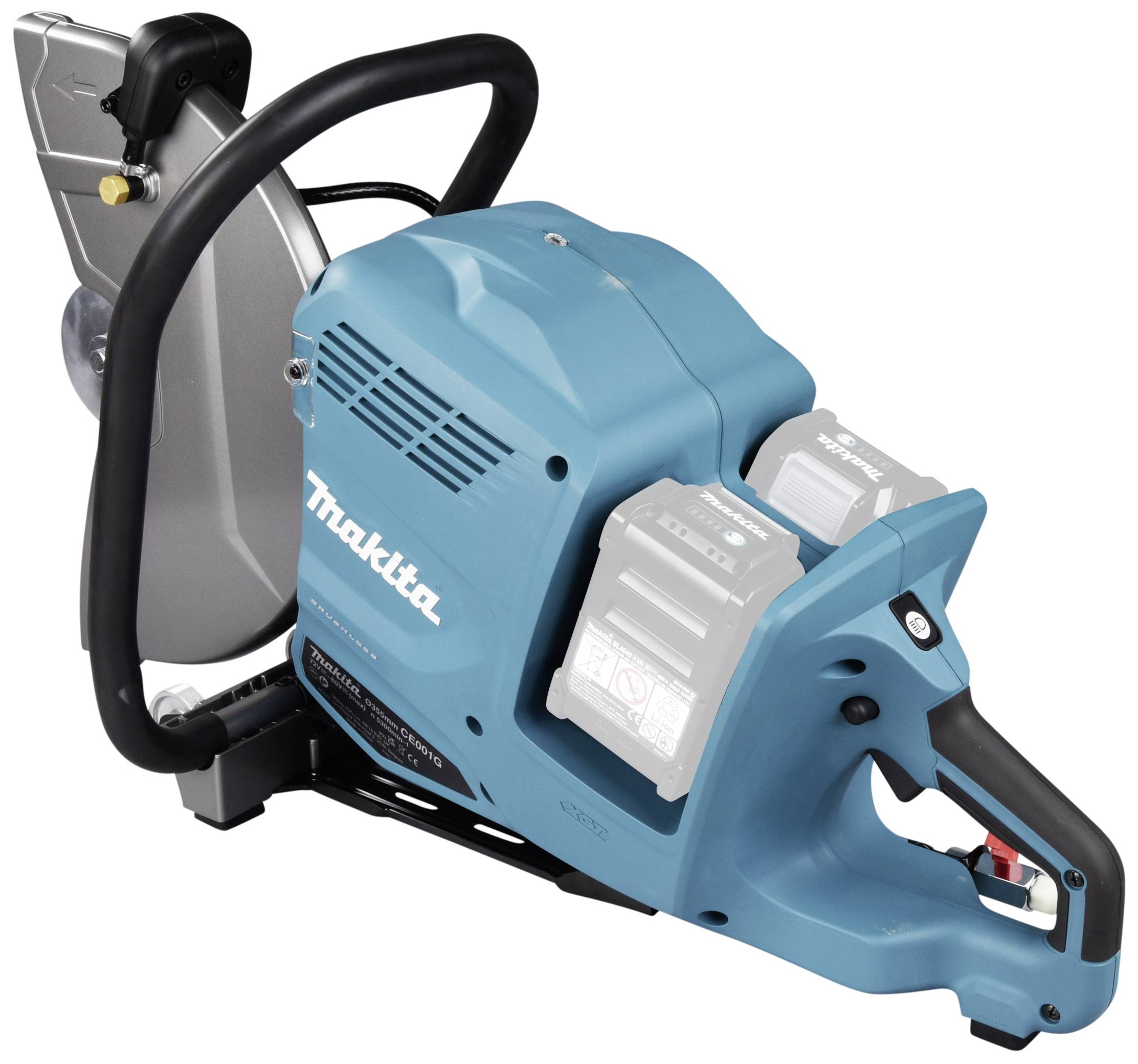 Tragbare Handkreissäge in Blau mit ergonomischem Griff und zwei Lithium-Ionen-Akkus. Ursprünglich zum Schneiden von Baumaterialien entwickelt.