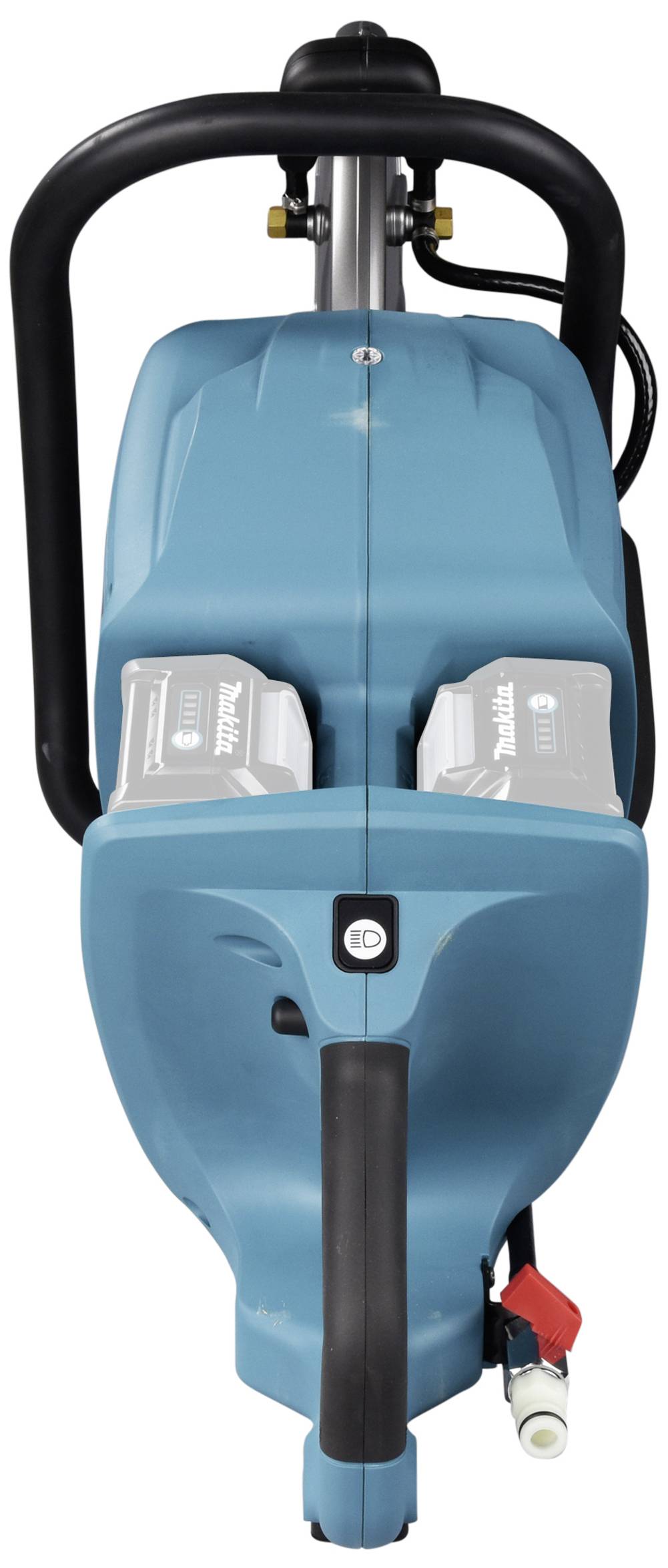 Ein blaues, akkubetriebenes Gerät mit zwei Batterien und Griffen, möglicherweise ein Werkzeug für Bau- oder Gartenarbeiten.