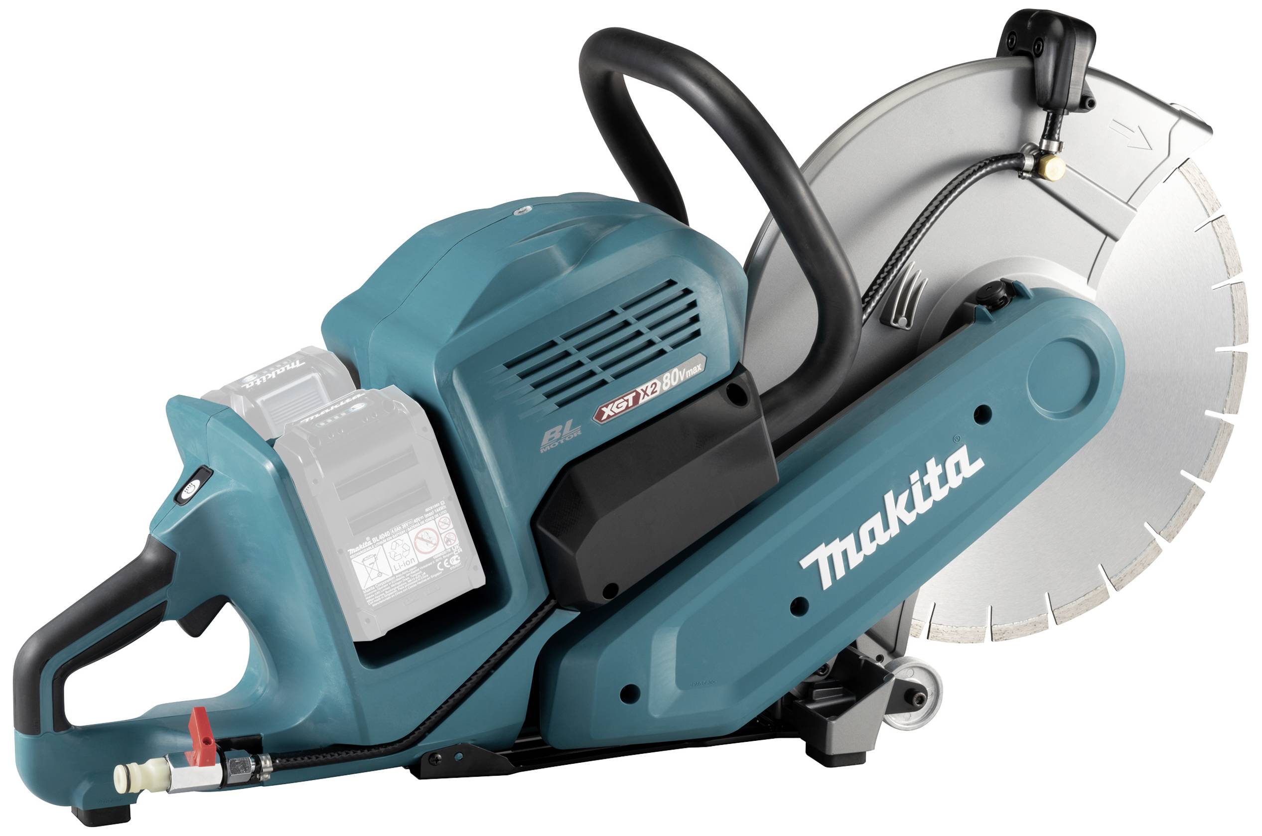 Akkubetriebene Makita Trennsäge mit großer Metallscheibe und robustem Griff. Geeignet für präzises Schneiden verschiedenster Materialien.