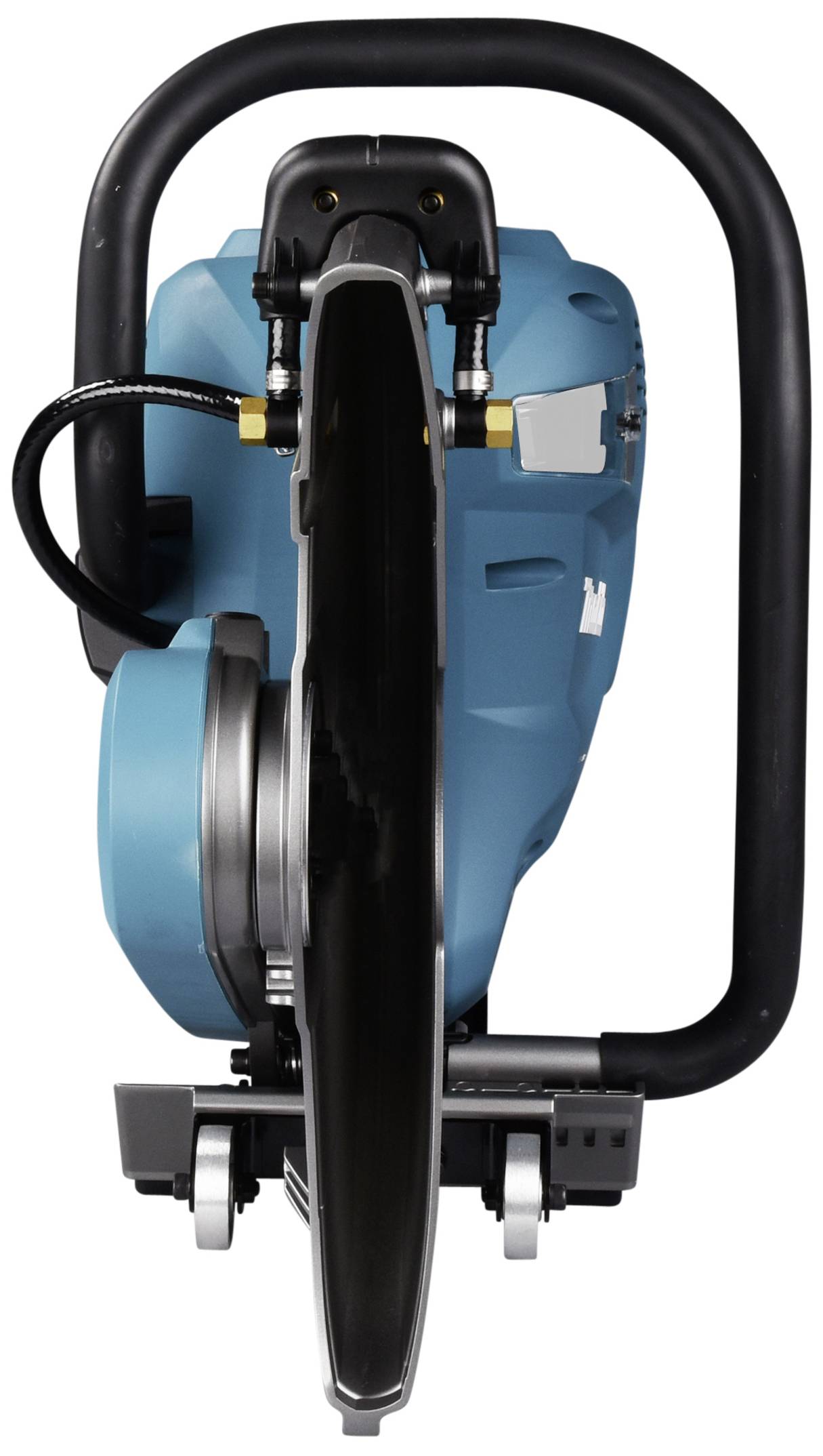 Elektrisches blau-schwarzes Handwerkzeug mit kreisförmiger Klinge, frontalansicht.