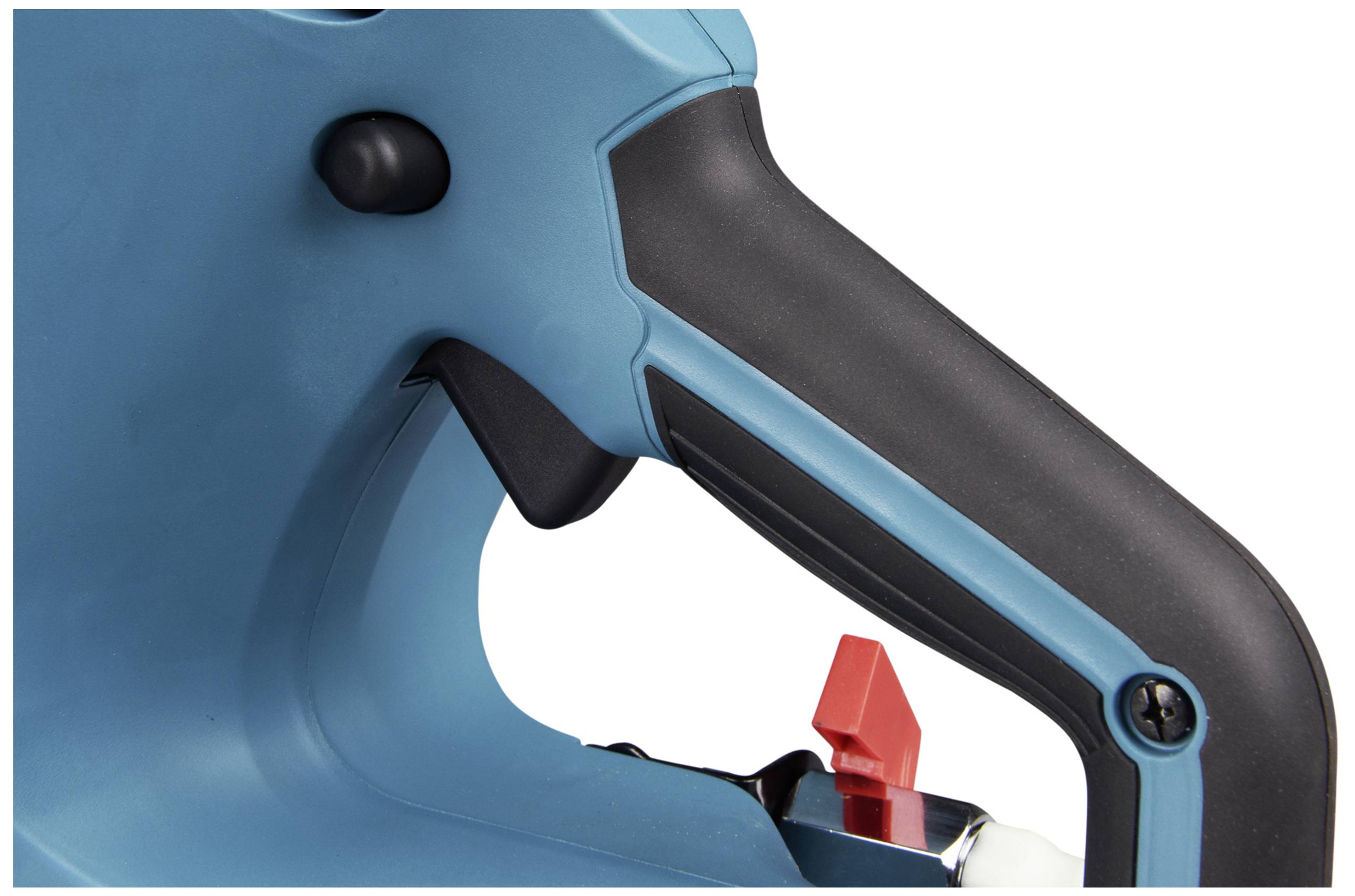 Nahaufnahme eines blauen Werkzeugs mit einem schwarzen Griff und einem roten Schalter.
