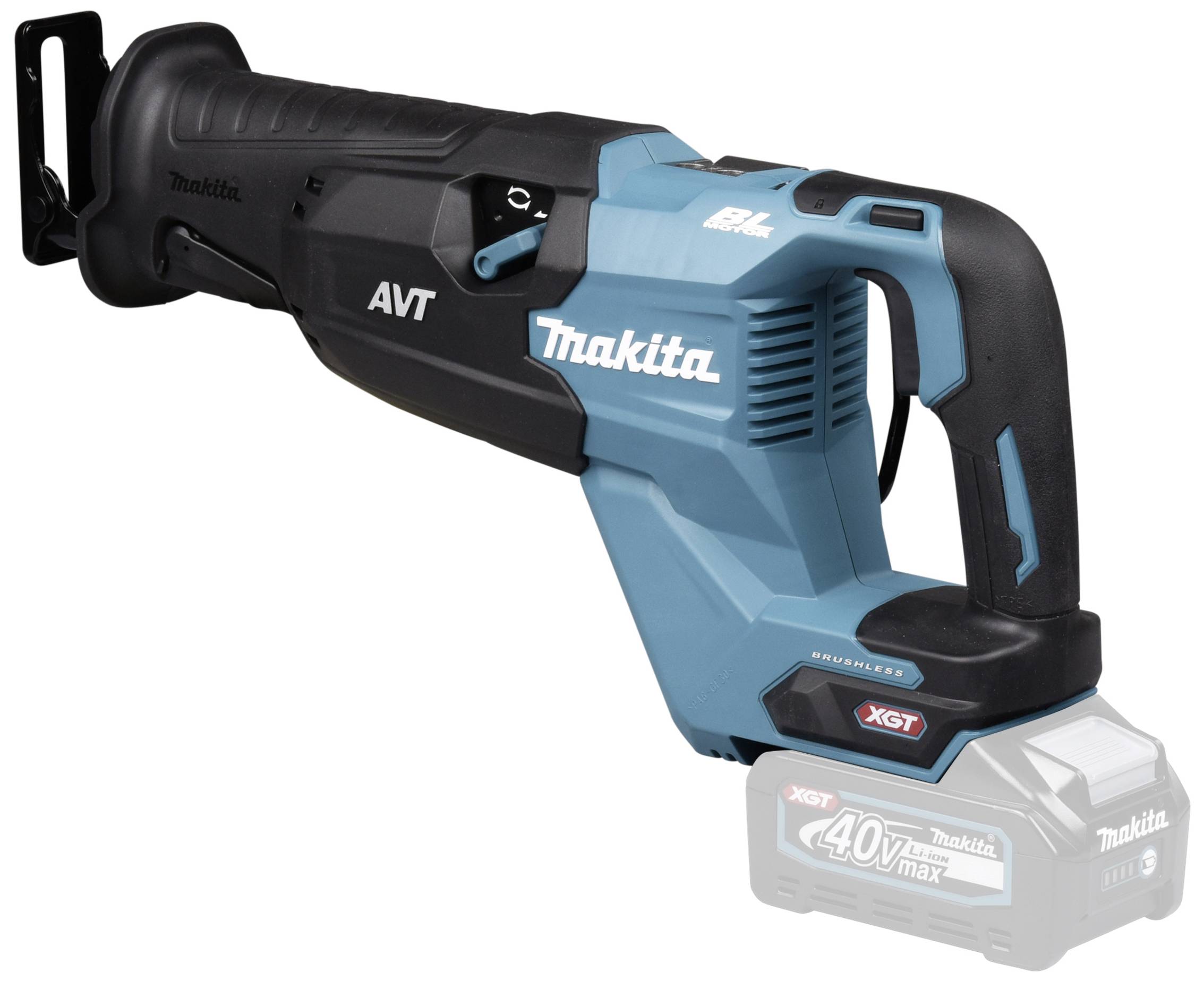 Säbelsäge Makita XGT, kabellos, 40V, blau-schwarz, mit AVT-Schriftzug.