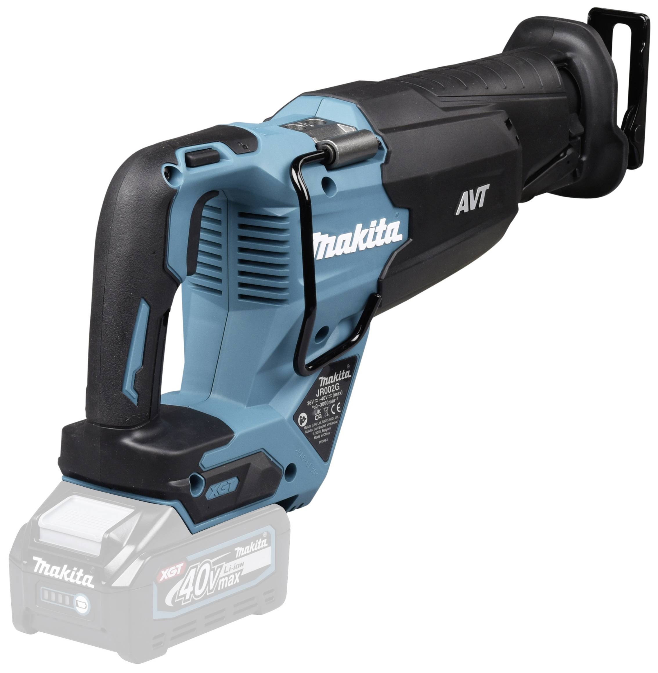 Akkubetriebene Säbelsäge von Makita,  blau-schwarzes Design, mit ergonomischem Griff und sichtbarem Batterieanschluss vorne.