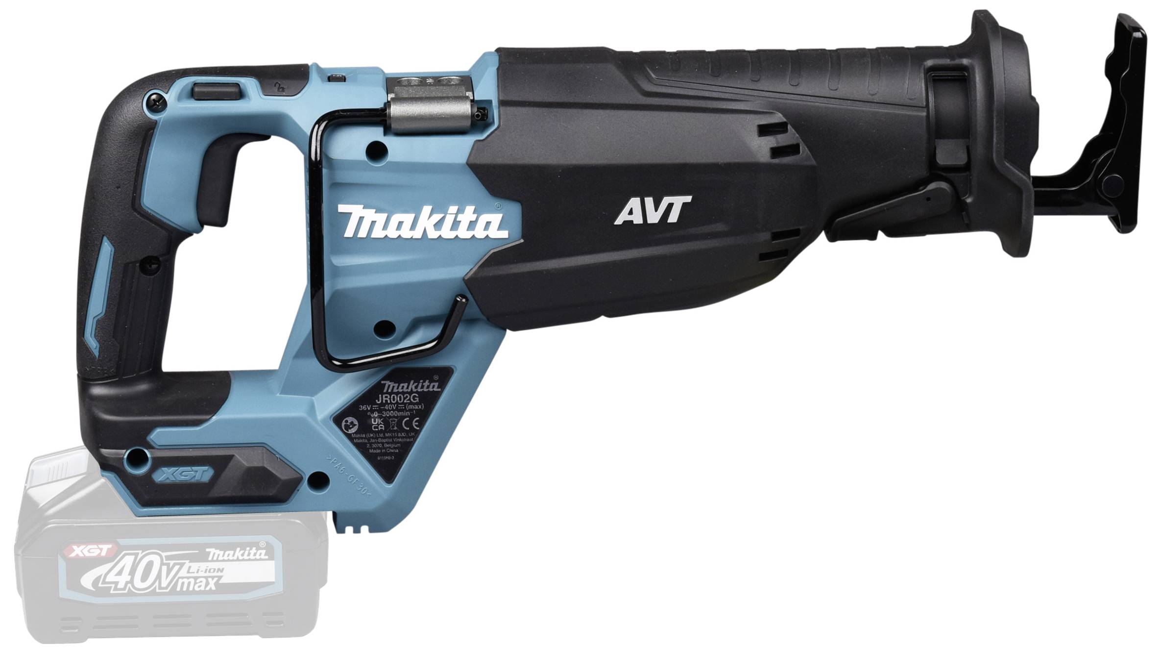 Eine blaue und schwarze kabellose Säbelsäge von Makita mit ergonomischem Griff und einem 40V Max Akku, geeignet für schnelles Schneiden.
