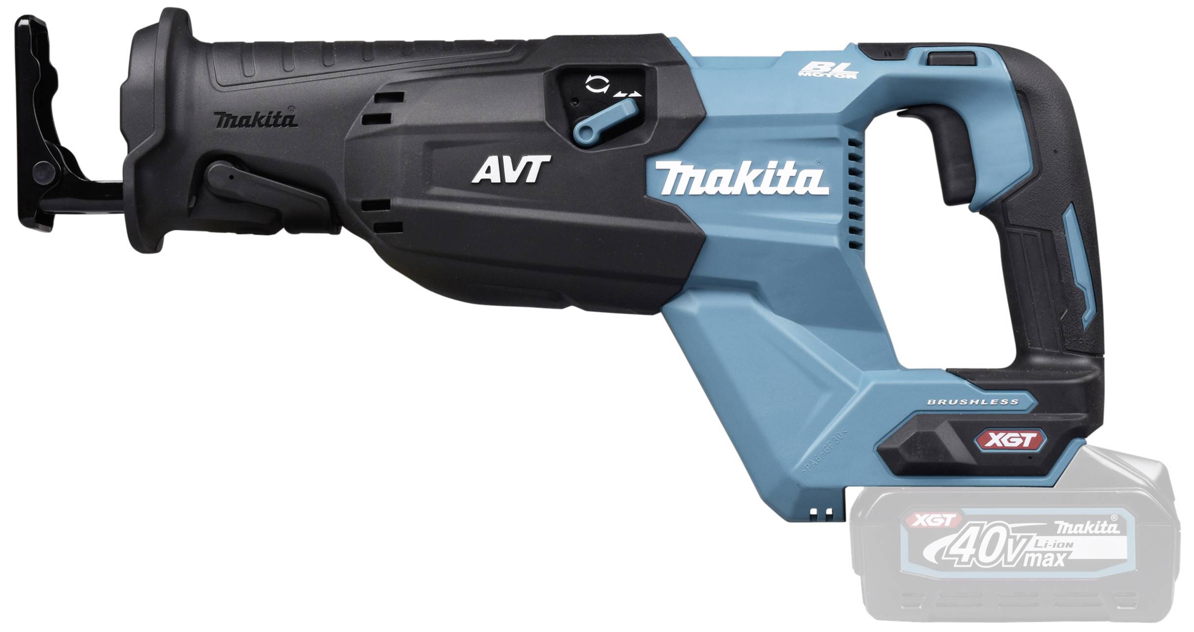Elektrische Säbelsäge von Makita, Modell AVT, mit 40V Max Akku, in blau-schwarz Farben, geeignet für schwere Schneidarbeiten.