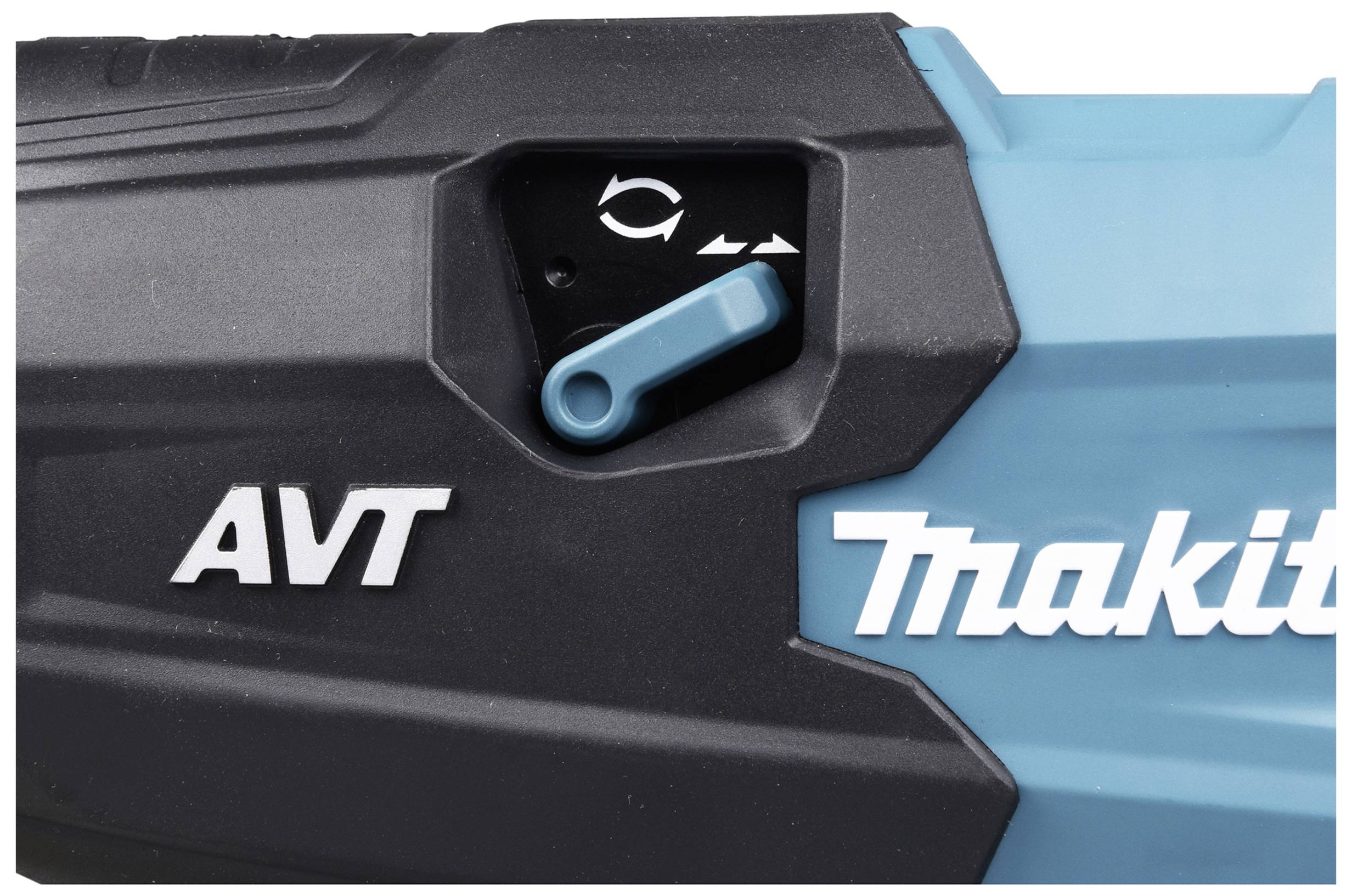 Ein blau-schwarzes Elektrowerkzeug mit der Aufschrift 'AVT Makita' und einem blauen Hebel zur Einstellung der Betriebsfunktion.