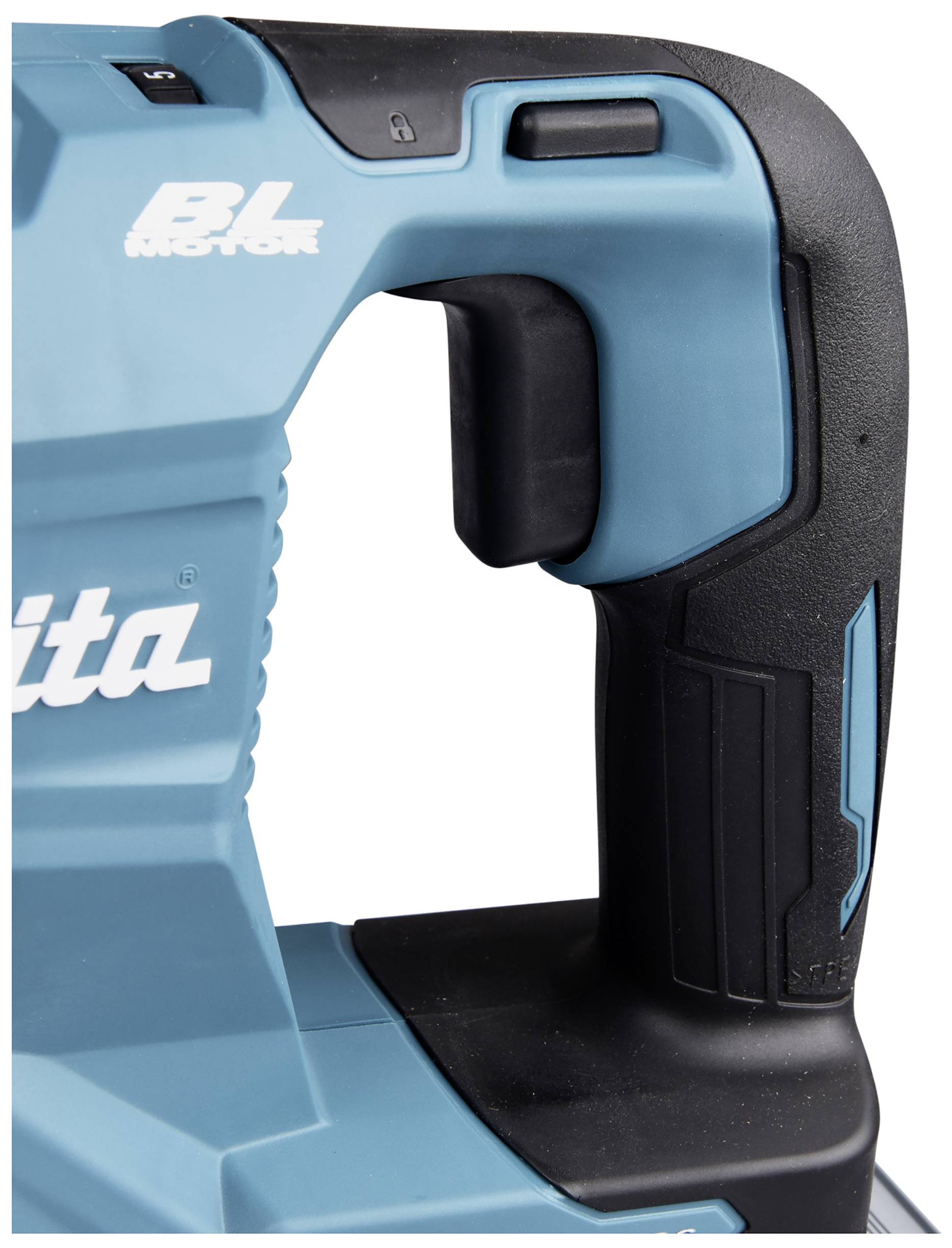 Ein blauer Elektrowerkzeuggriff mit schwarzem, ergonomischem Griff und einem Bedienhebel.